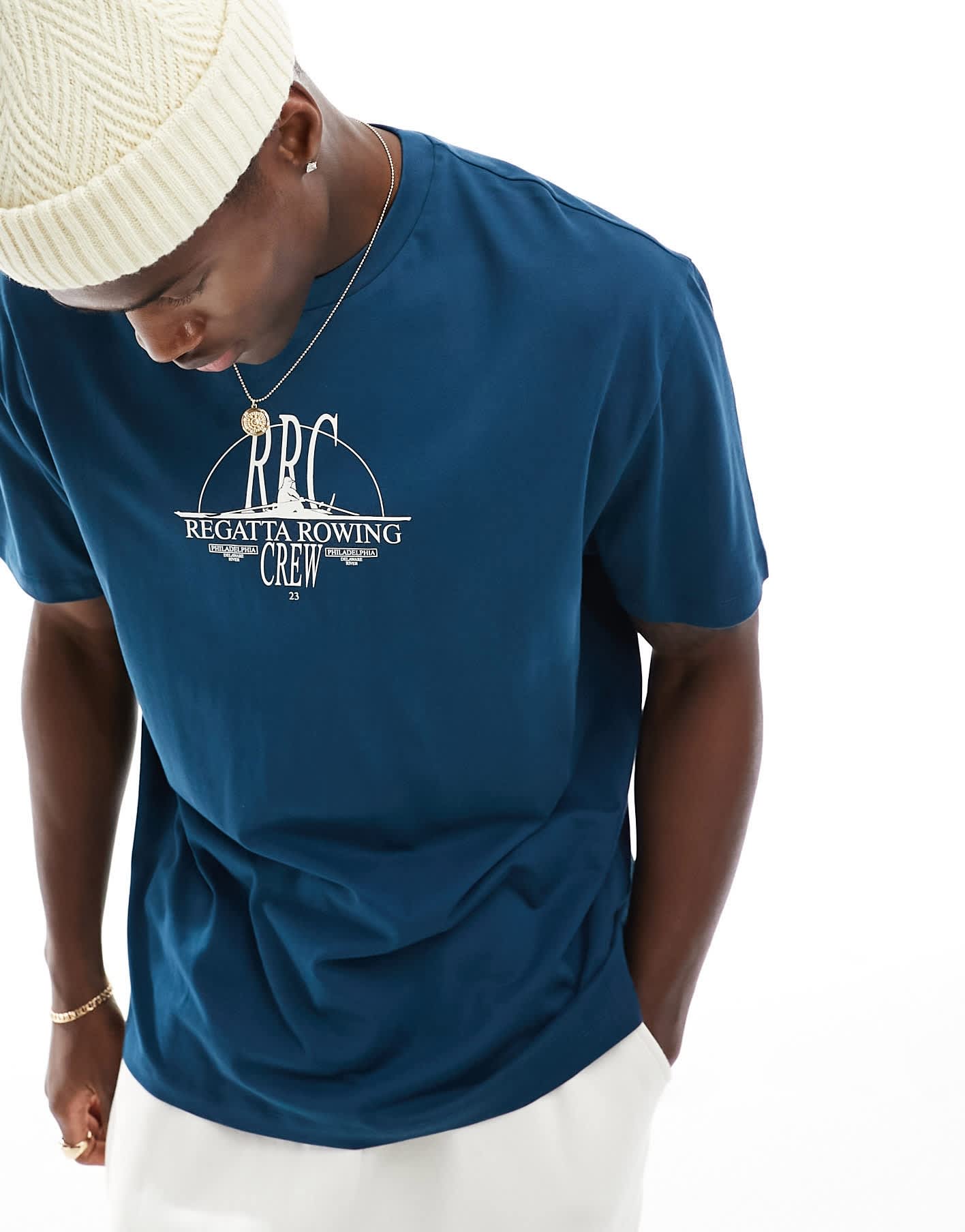 ASOS DESIGN t-shirt in navy with rowing chest print