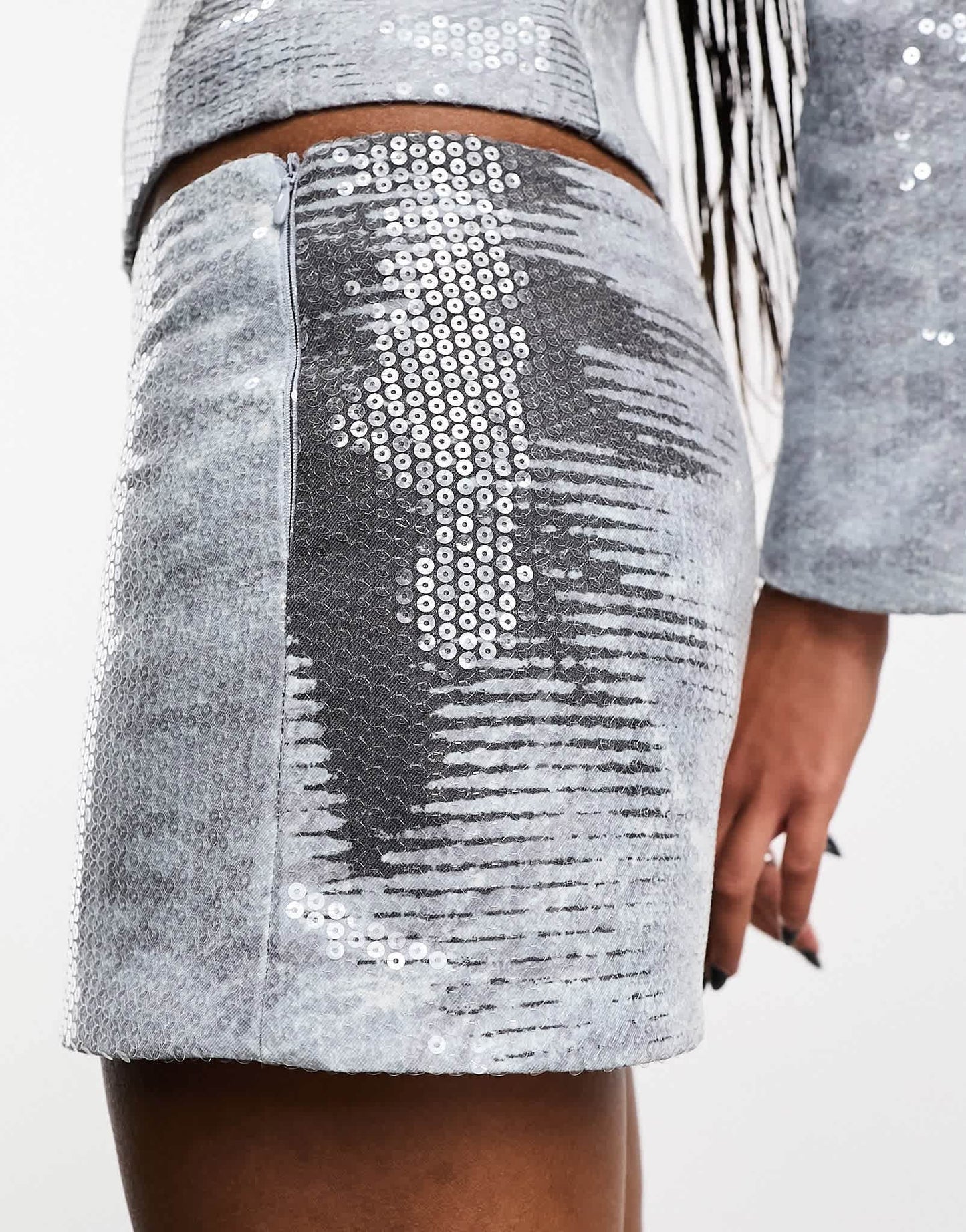 Heretic Nine sequin face print micro mini skirt co-ord in grey