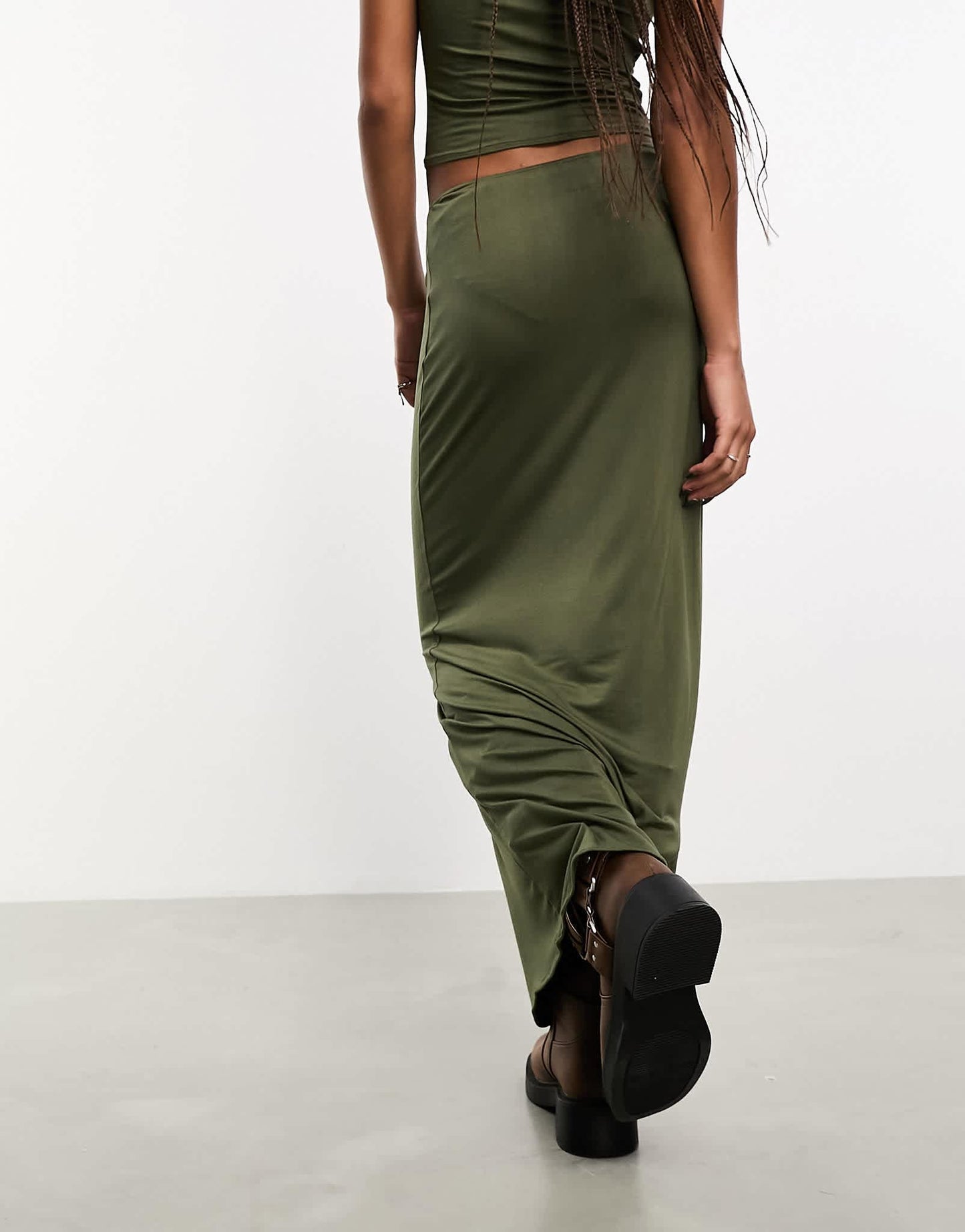 Heretic Nine lightweight mesh midi tube skirt co-ord in khaki
