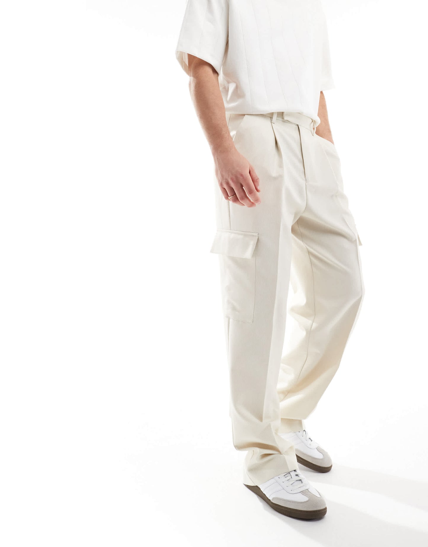 ASOS DESIGN smart wide leg cargo trousers in ecru microtexture