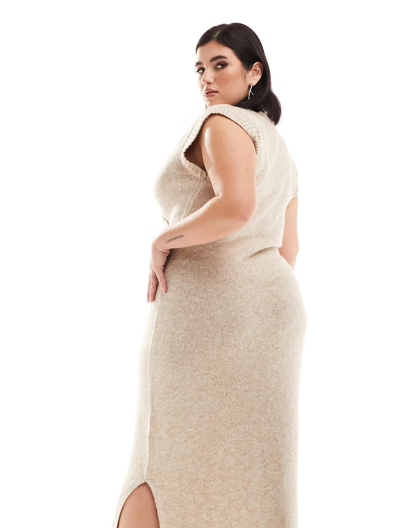 River Island Plus wrap midi knit dress in beige