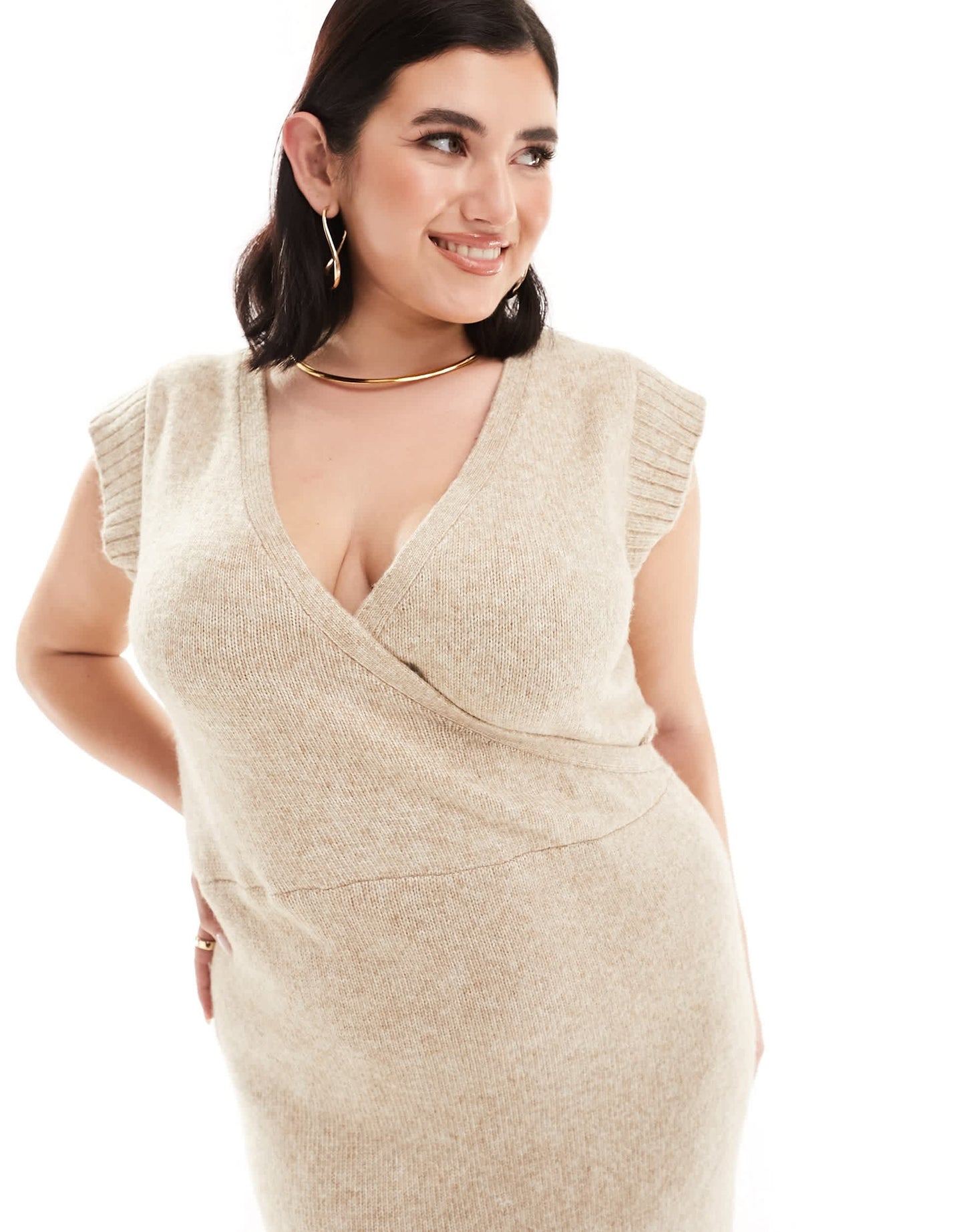 River Island Plus wrap midi knit dress in beige