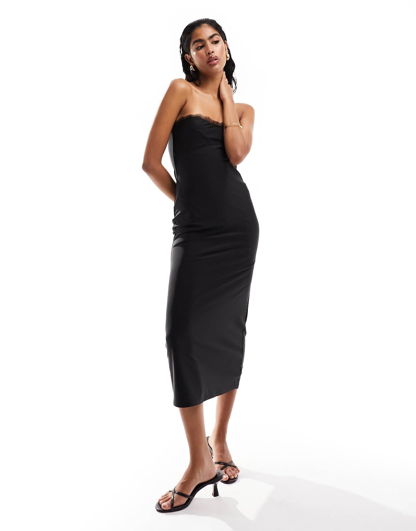 ASOS DESIGN lace trim bandeau midi dress in black