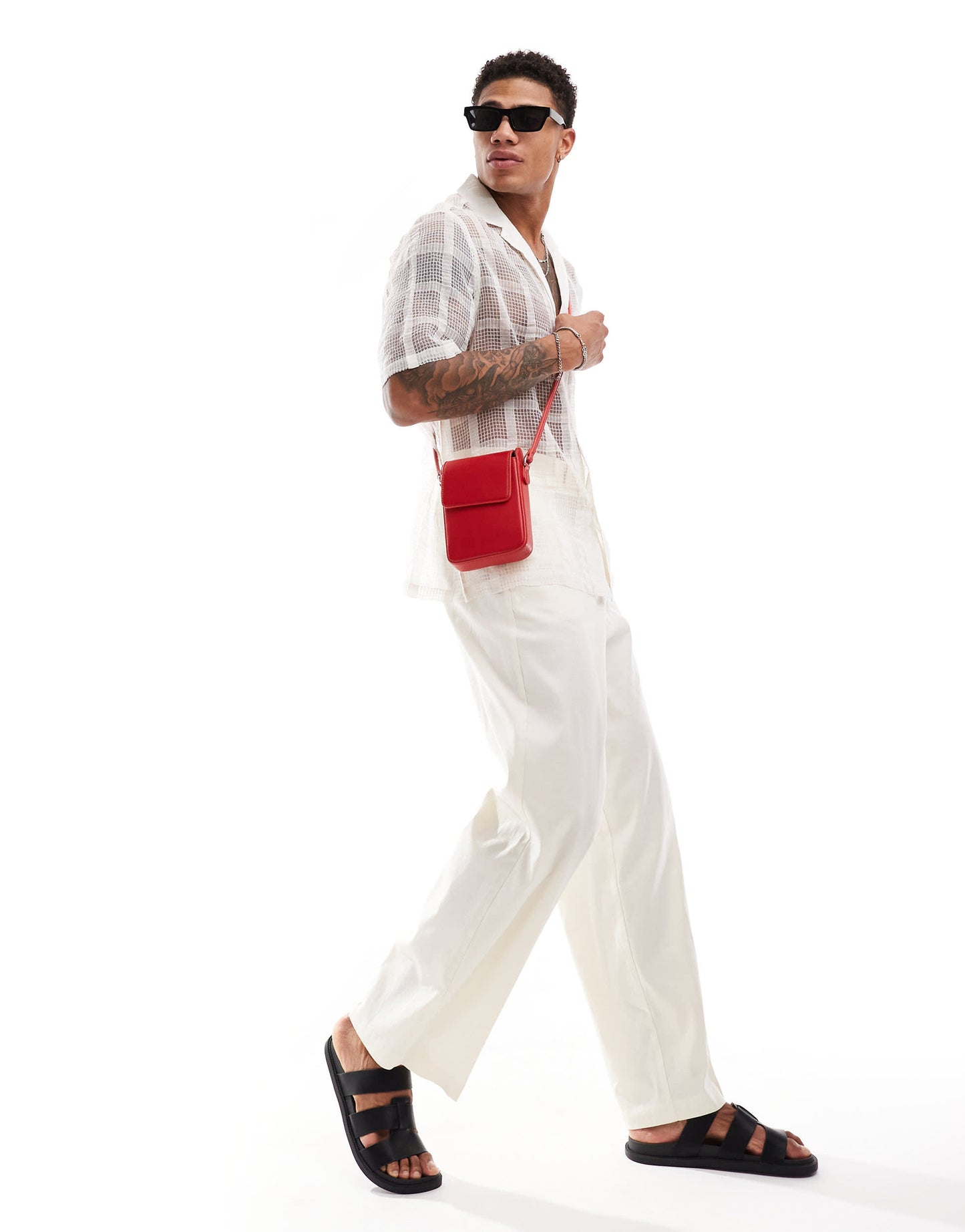 ASOS DESIGN relaxed fit short sleeve revere collar sheer check shirt in white