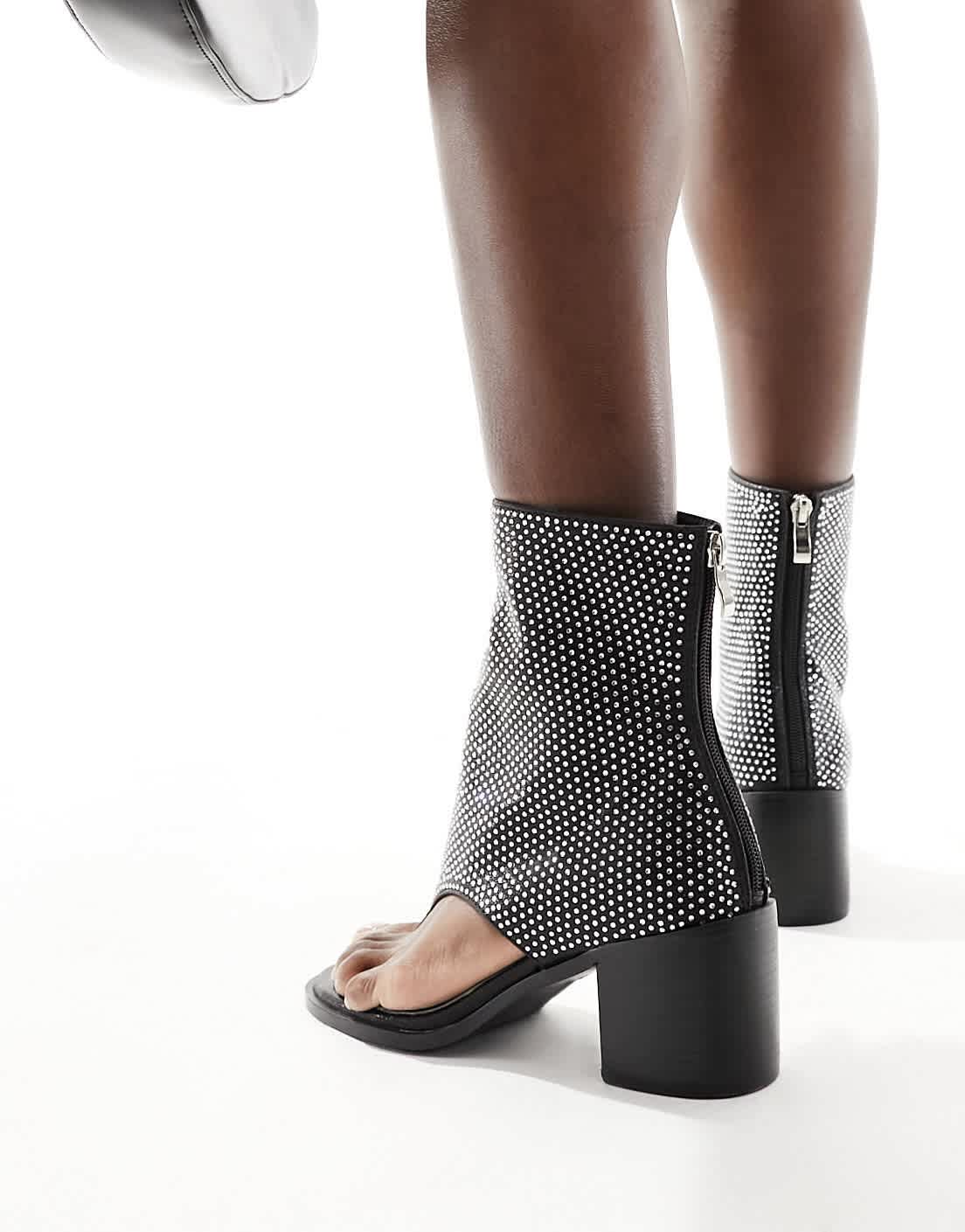 Azalea Wang Grayson open toe mid ankle boot in silver rhinestone