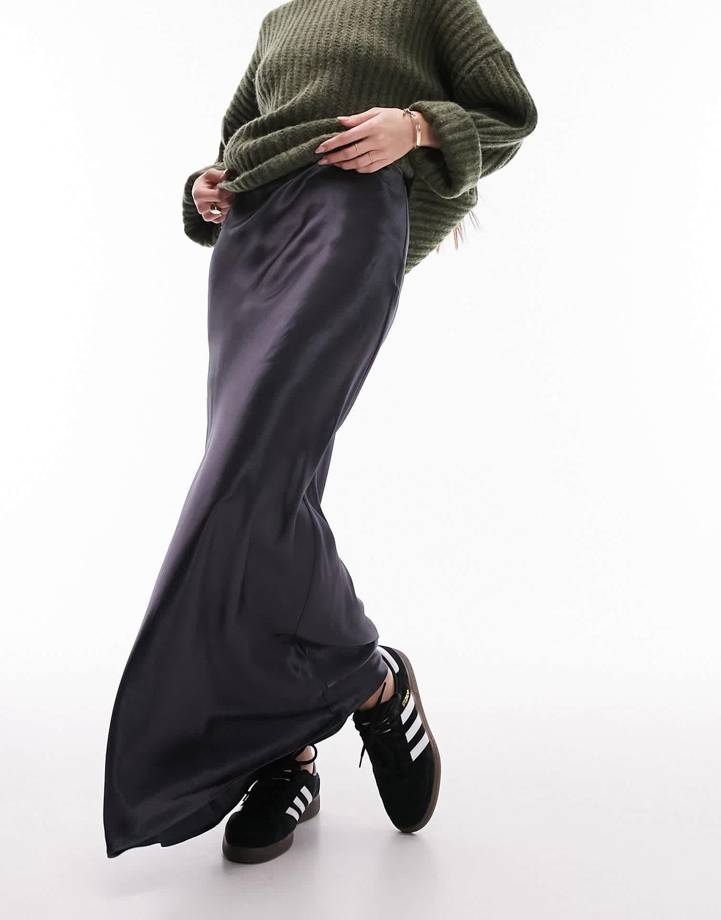 Topshop satin bias maxi skirt in indigo