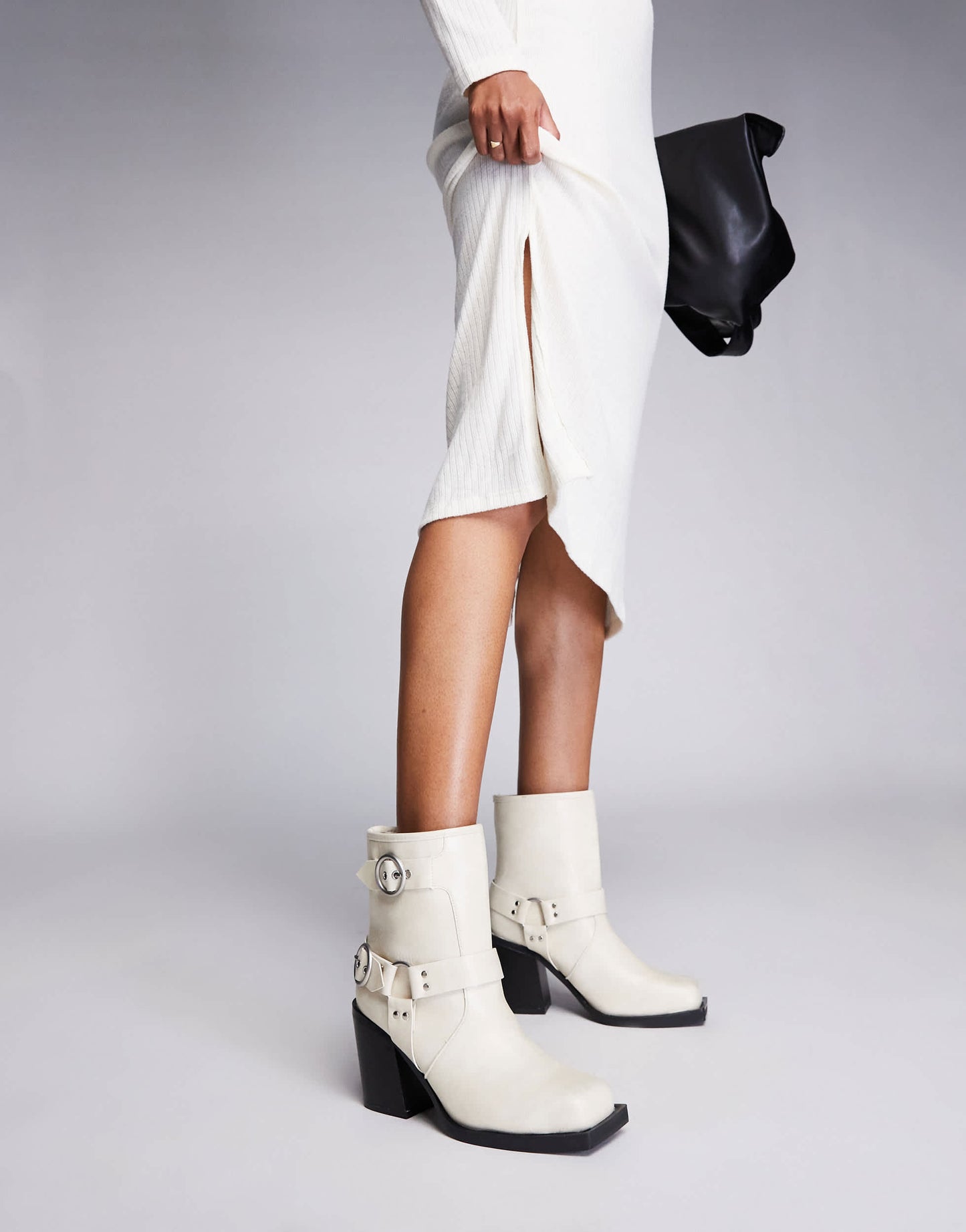 Public Desire Wide Fit Freak heeled ankle biker boot in cream
