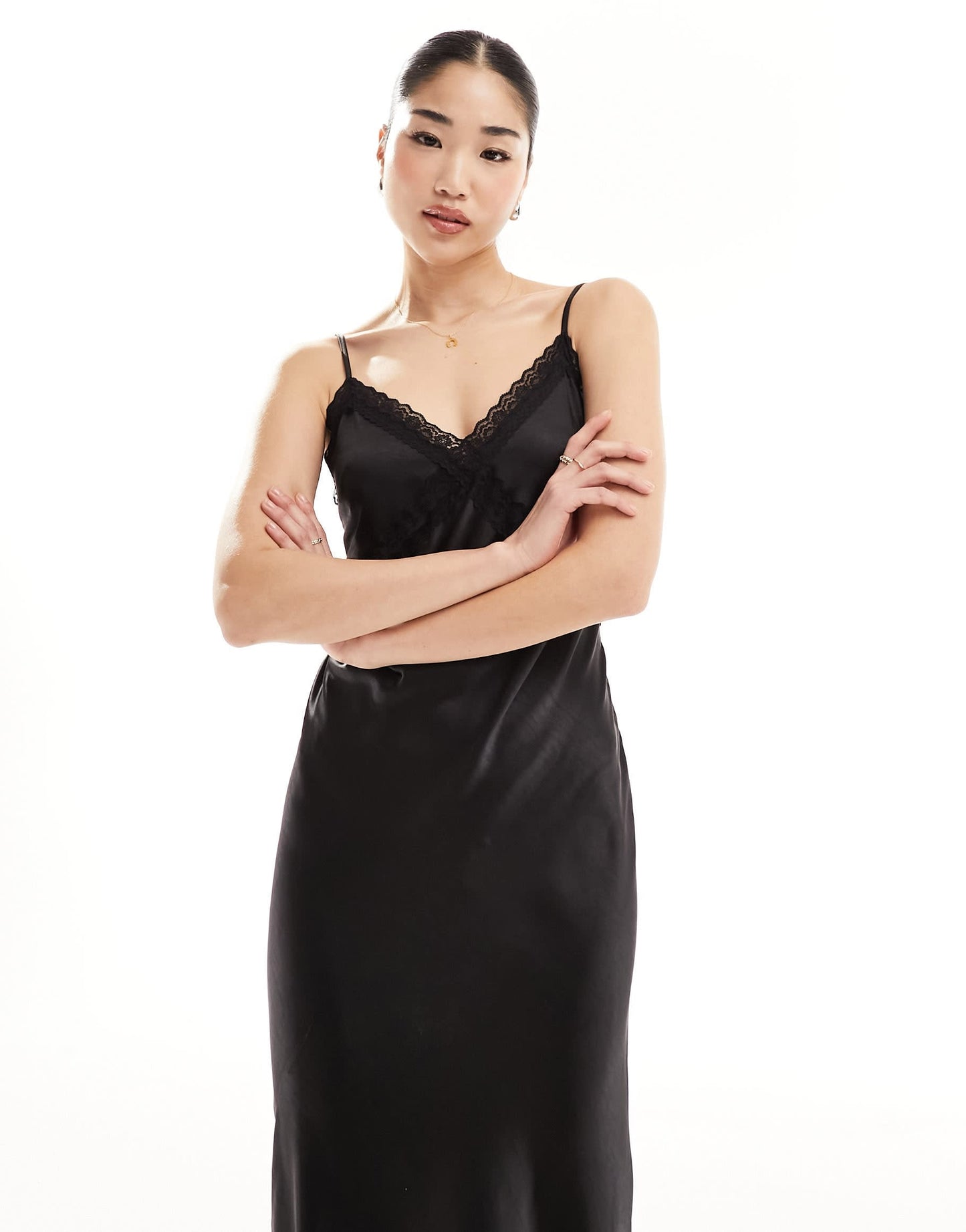 Six Stories Bridesmaids lace detail satin maxi dress co-ord in black