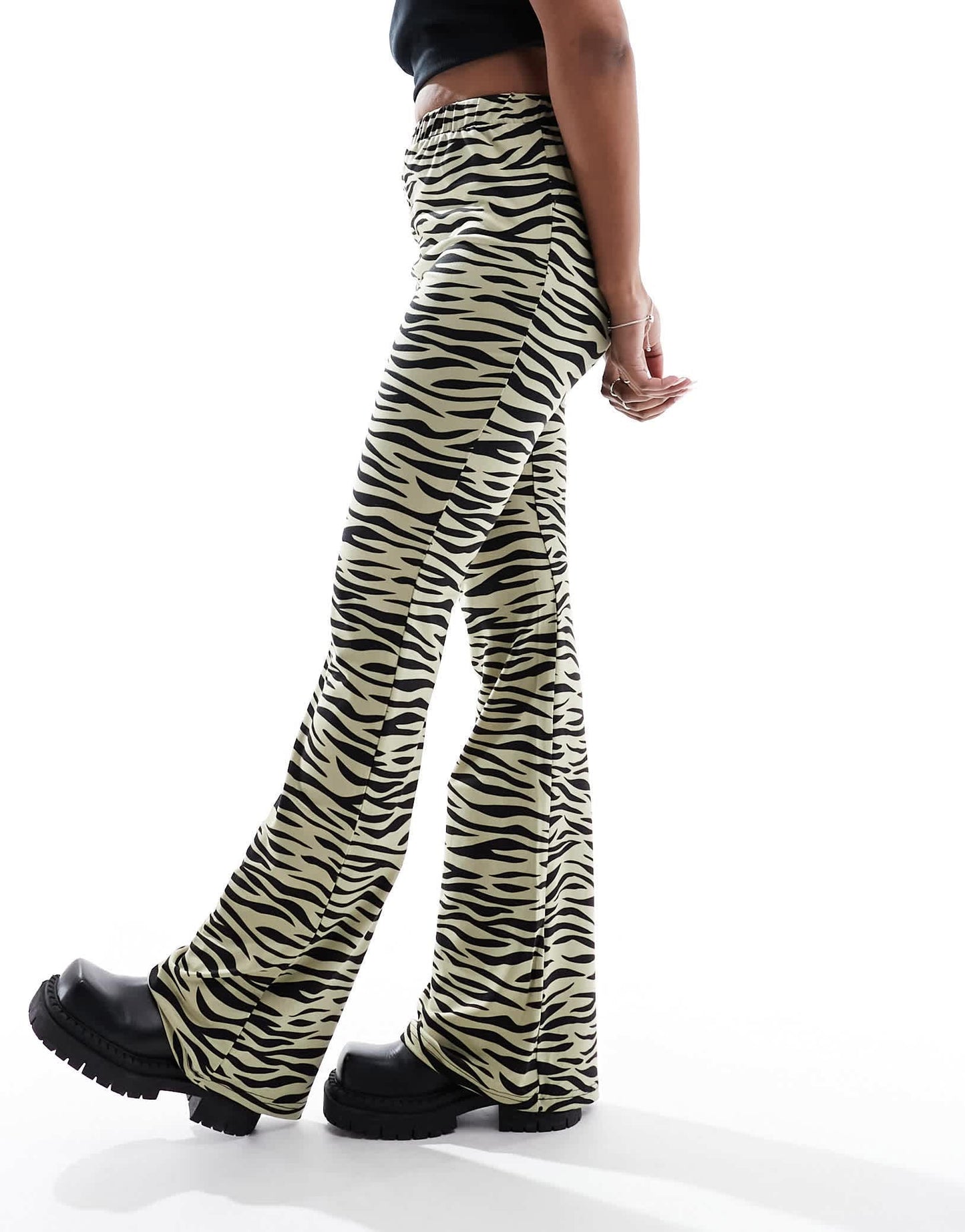 Noisy May jersey flare trouser in sage zebra print