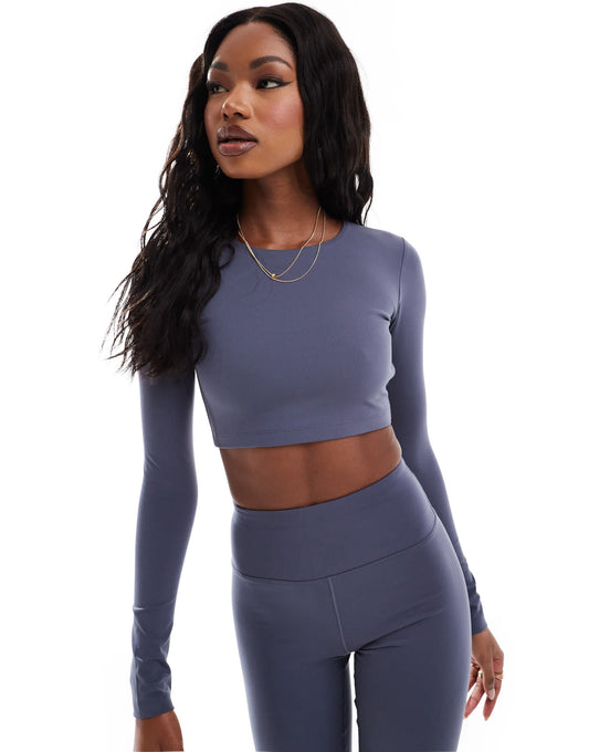 4505 Studio soft touch long sleeve open back top in slate blue