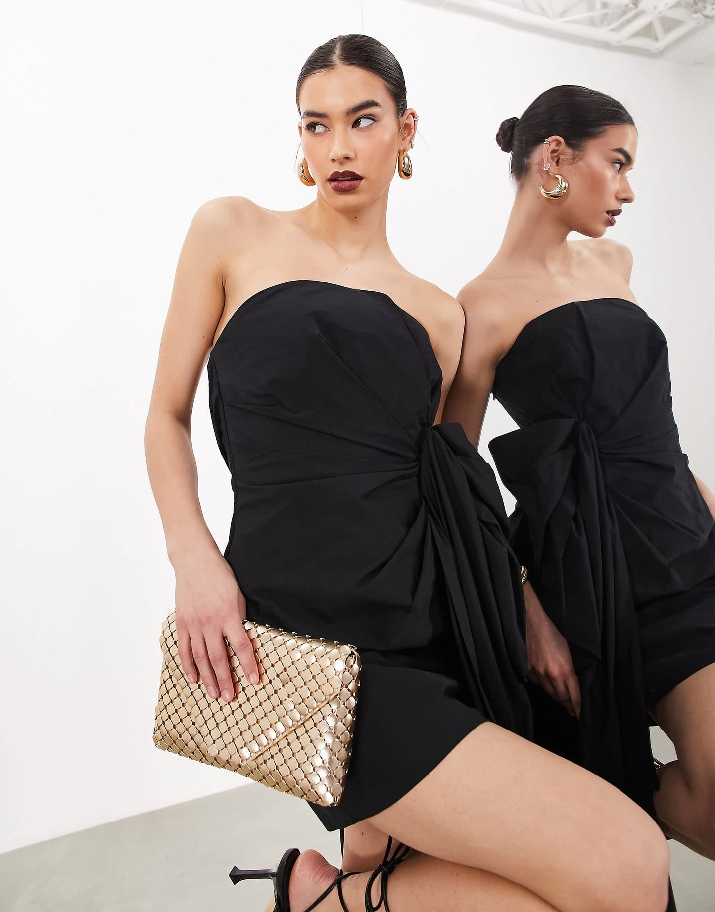 ASOS EDITION memory bow drape train side mini dress in black