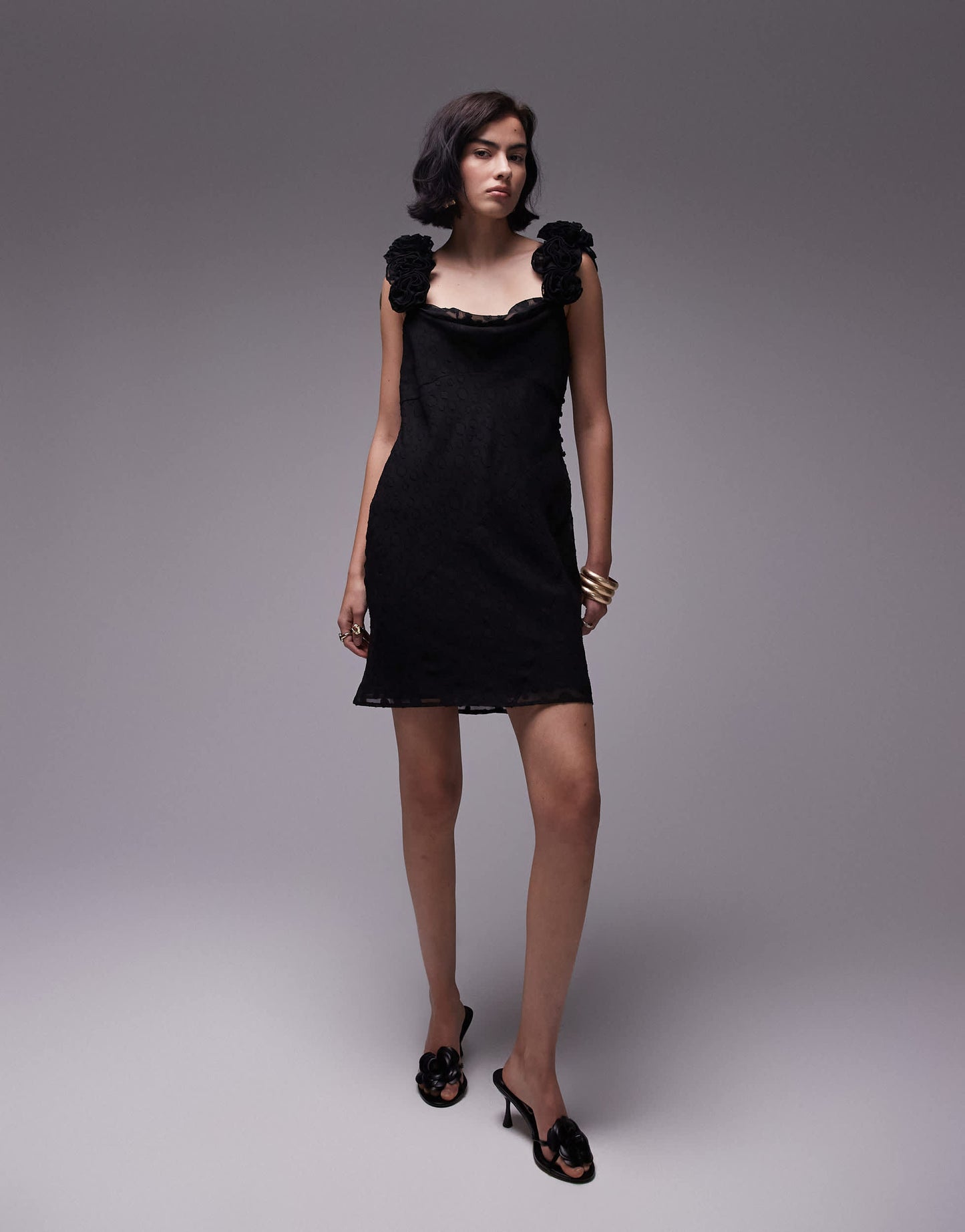 Topshop slip mini dress with 3D ruffle sleeve in black jacquard spot