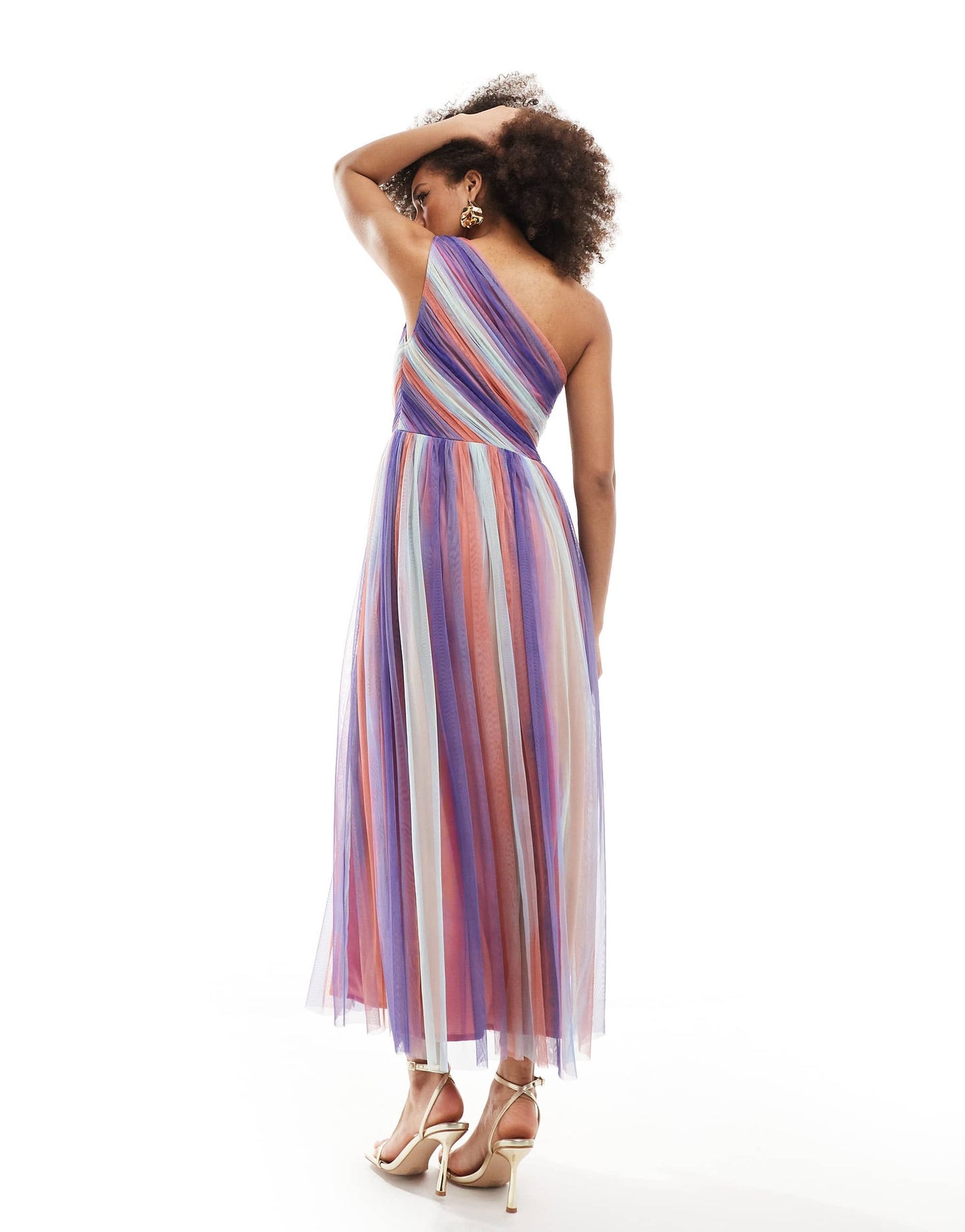 Anaya one shoulder tulle midaxi with split in multi coloured stripe