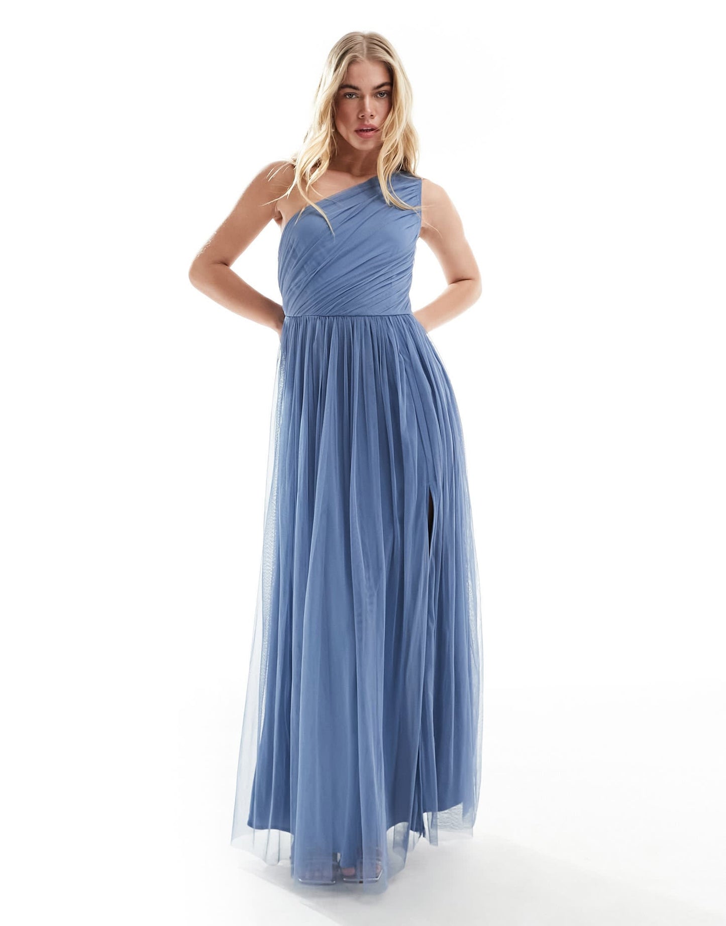 Anaya Bridesmaid tulle one shoulder maxi dress in blue