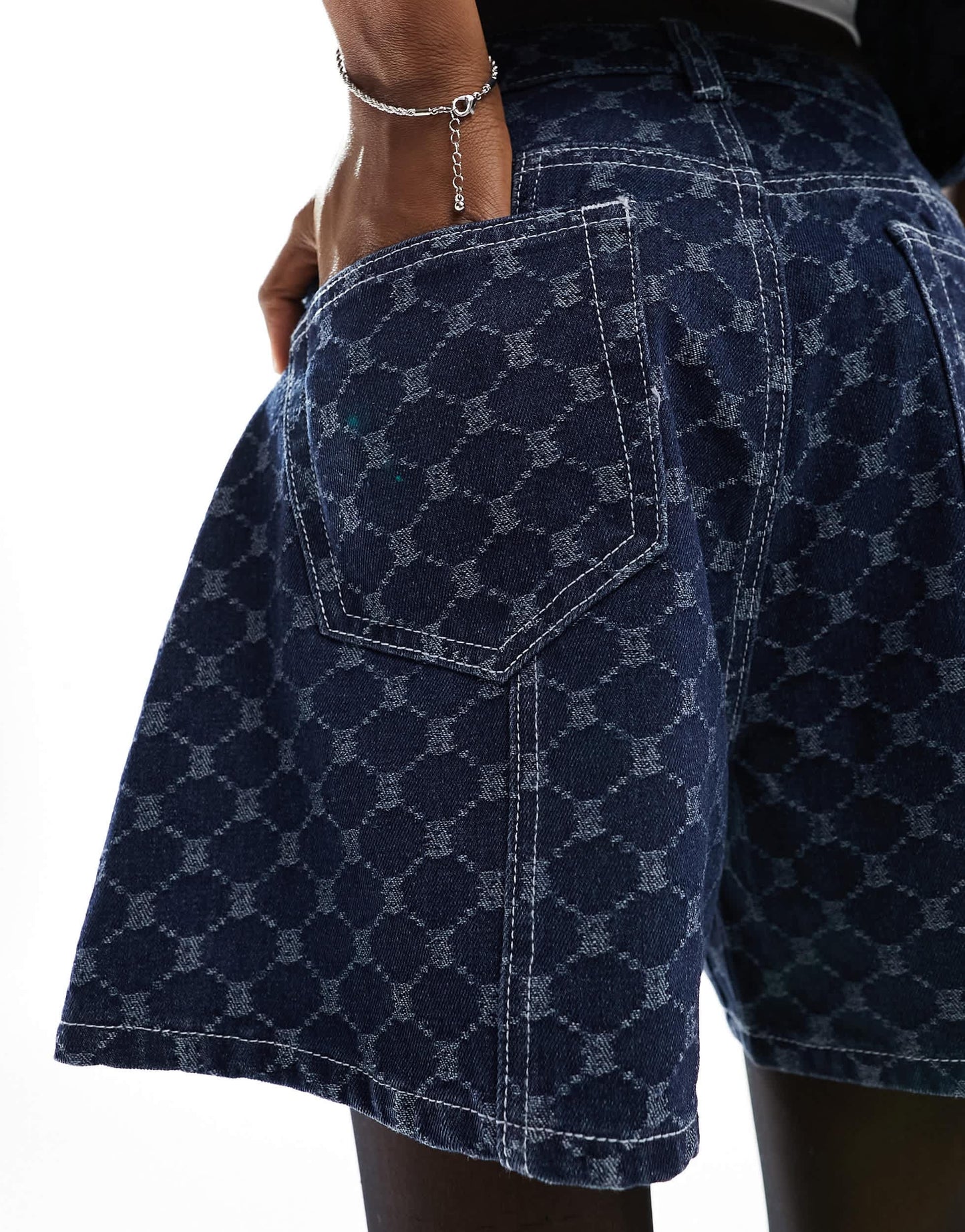 Amy Lynn diamond pattern denim jort co-ord in dark wash