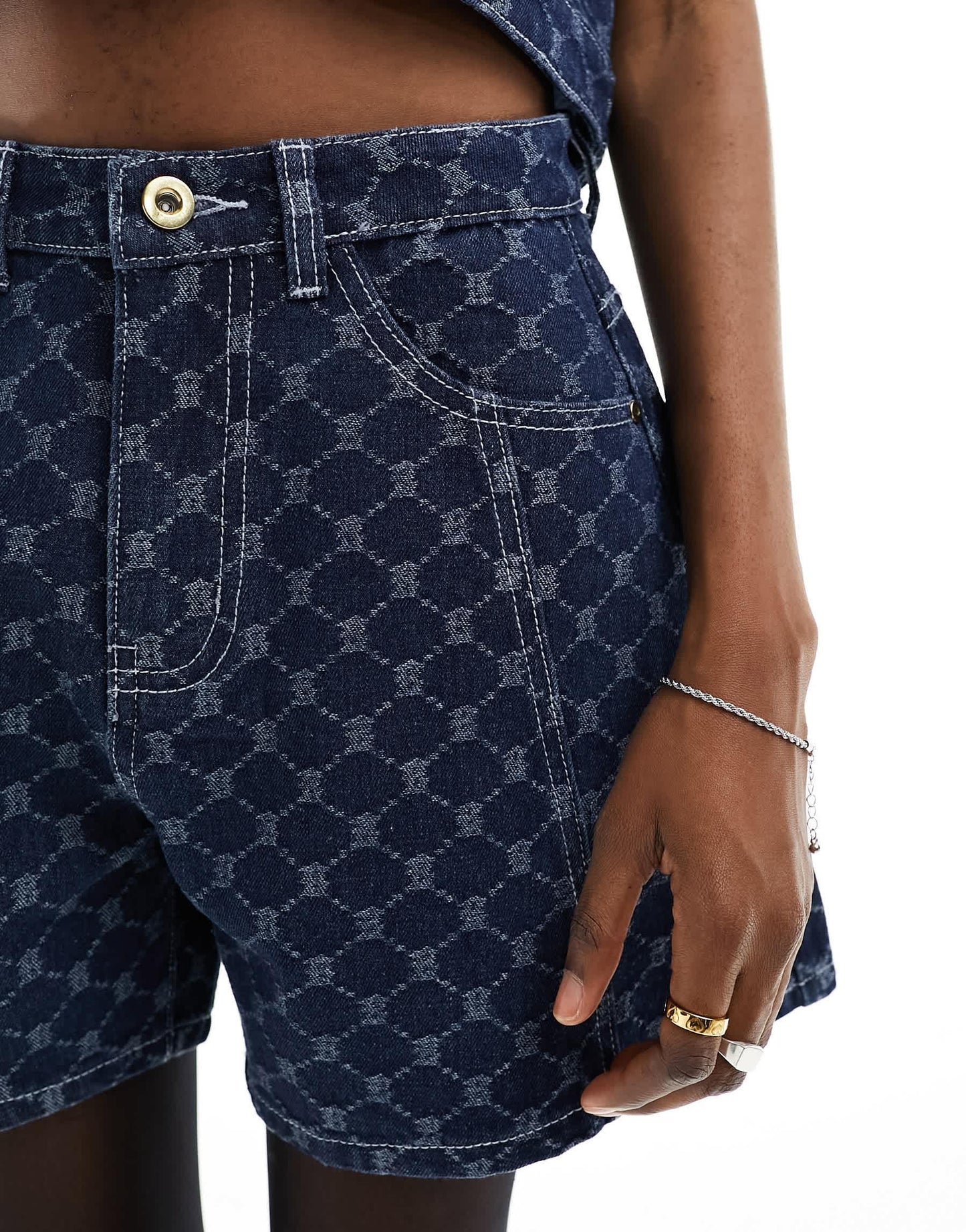 Amy Lynn diamond pattern denim jort co-ord in dark wash