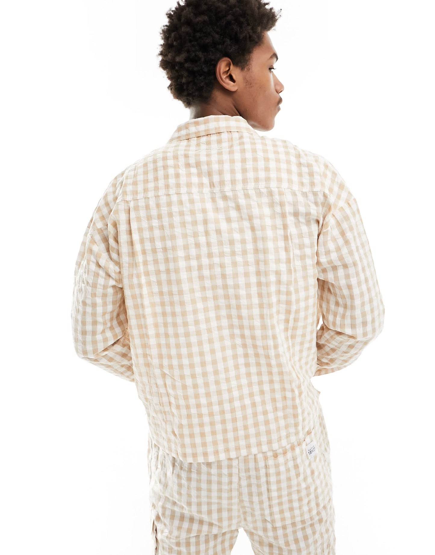 Native Youth cropped oversized fit textured check shirt in light beige