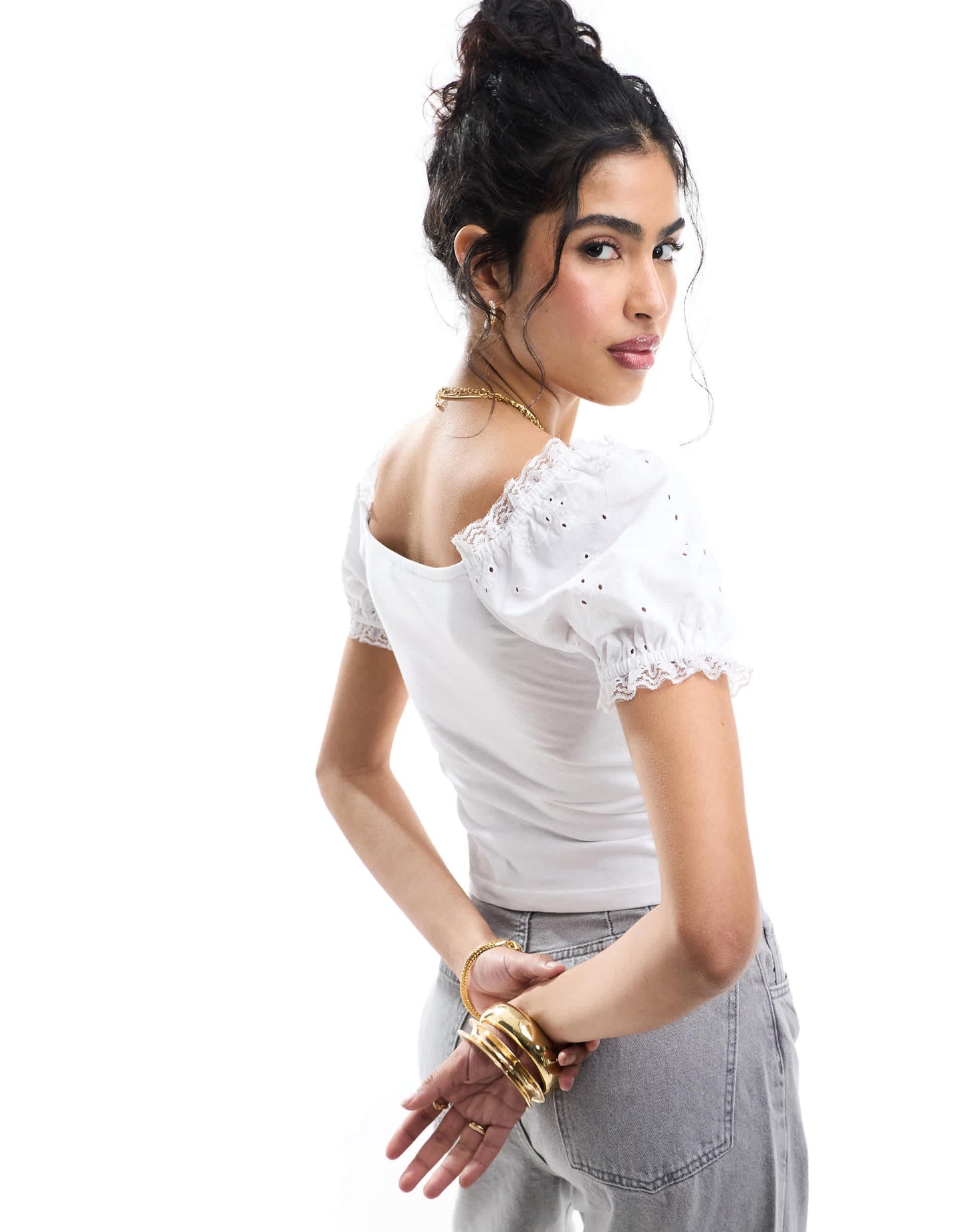 ASOS DESIGN puff sleeve broderie milkmaid top with lace trim in white