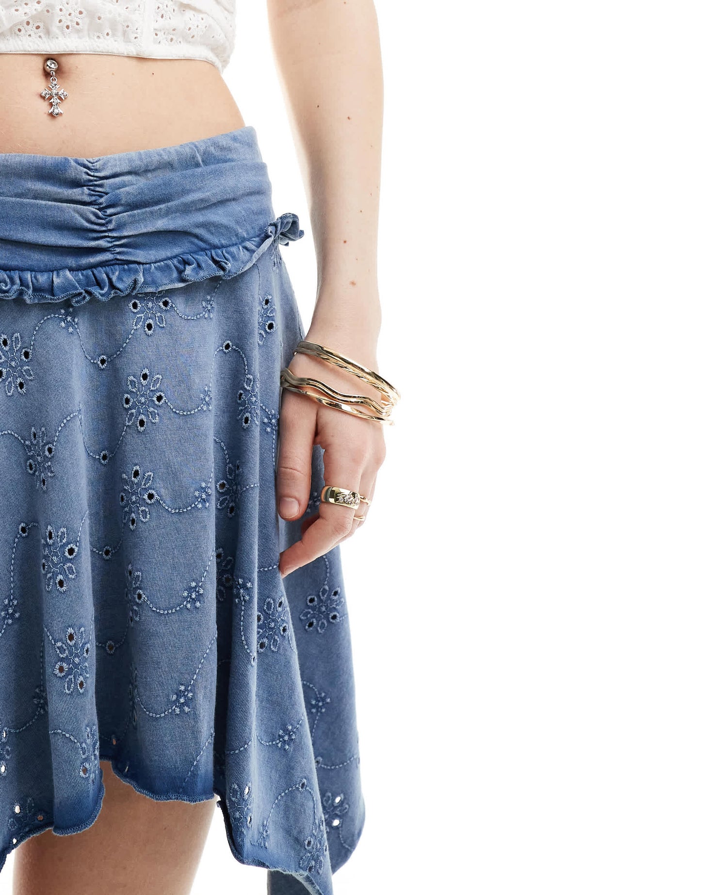ASOS DESIGN high low hem broderie rara skirt in washed blue