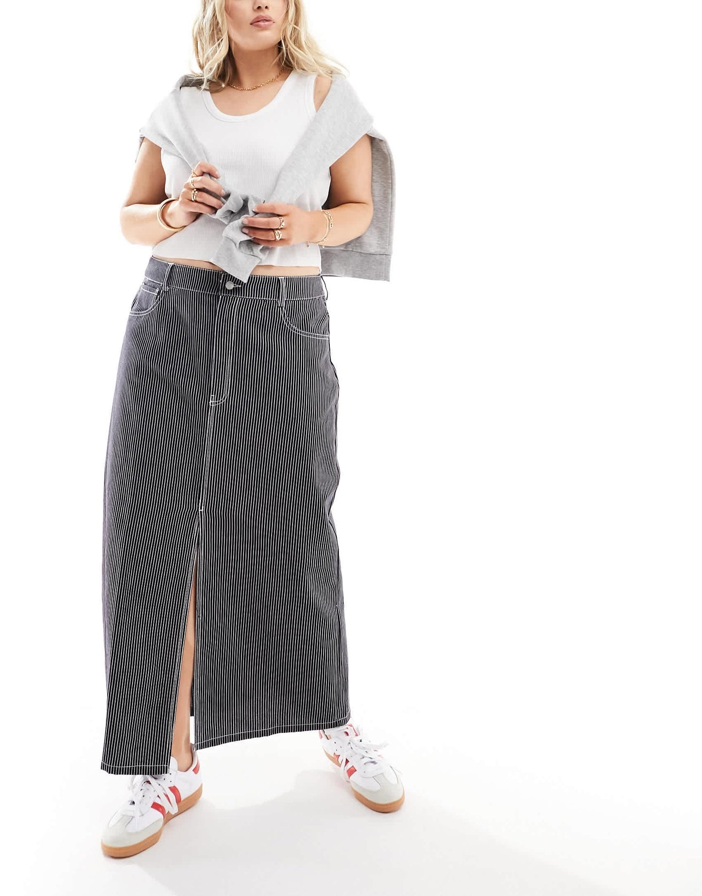ONLY Curve lightweight denim midi skirt in navy pinstripe