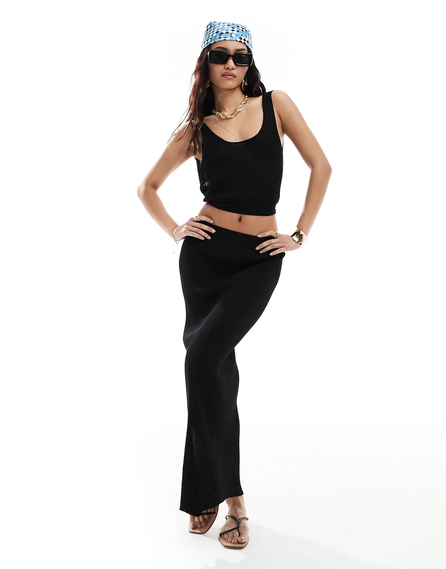 Miss Selfridge Beach knit rib tie back open vest top in black