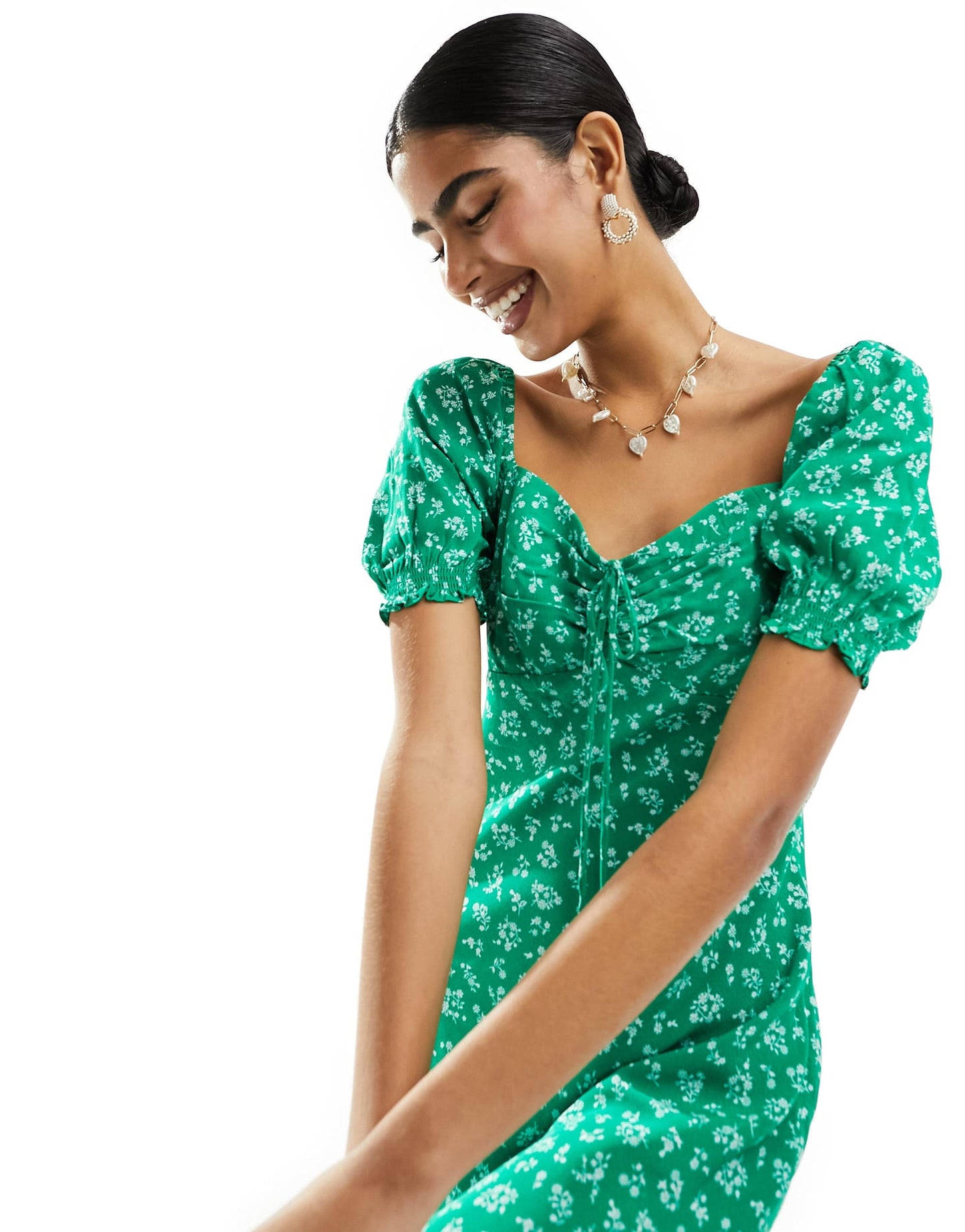 Forever New puff sleeve midaxi dress in green ditsy floral