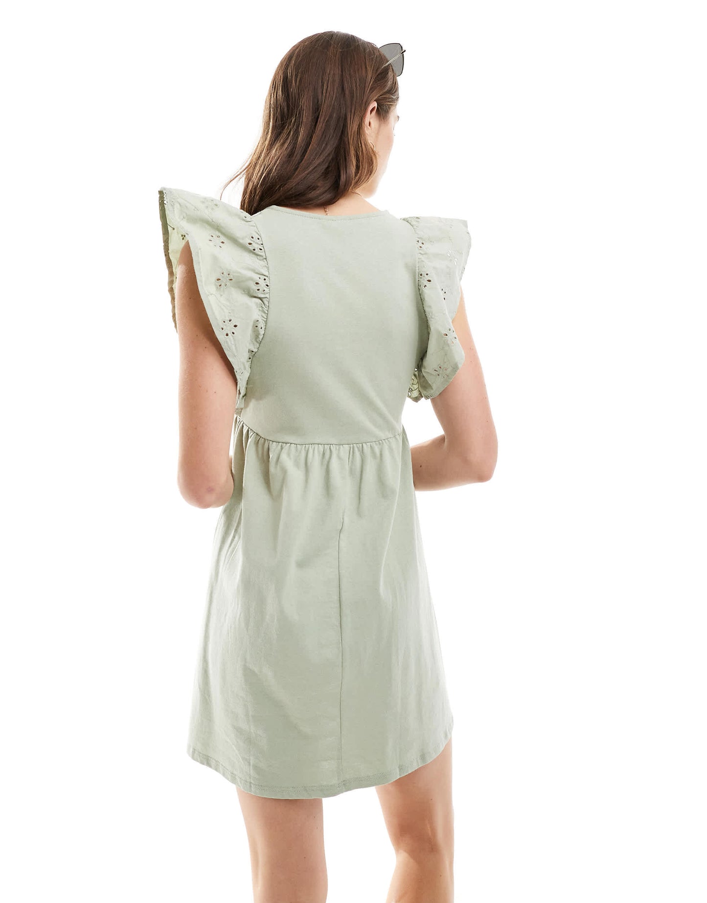 Miss Selfridge smock mini dress with broderie sleeves in sage