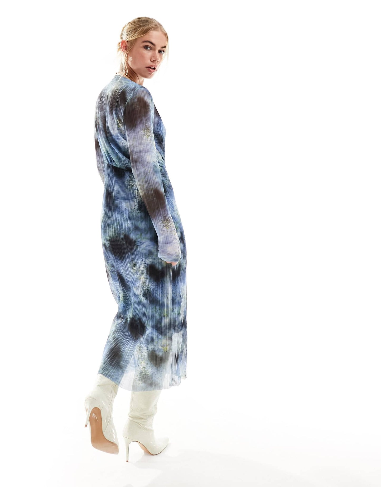 & Other Stories mesh midi dress with asymmetric bodice in blurred inky print