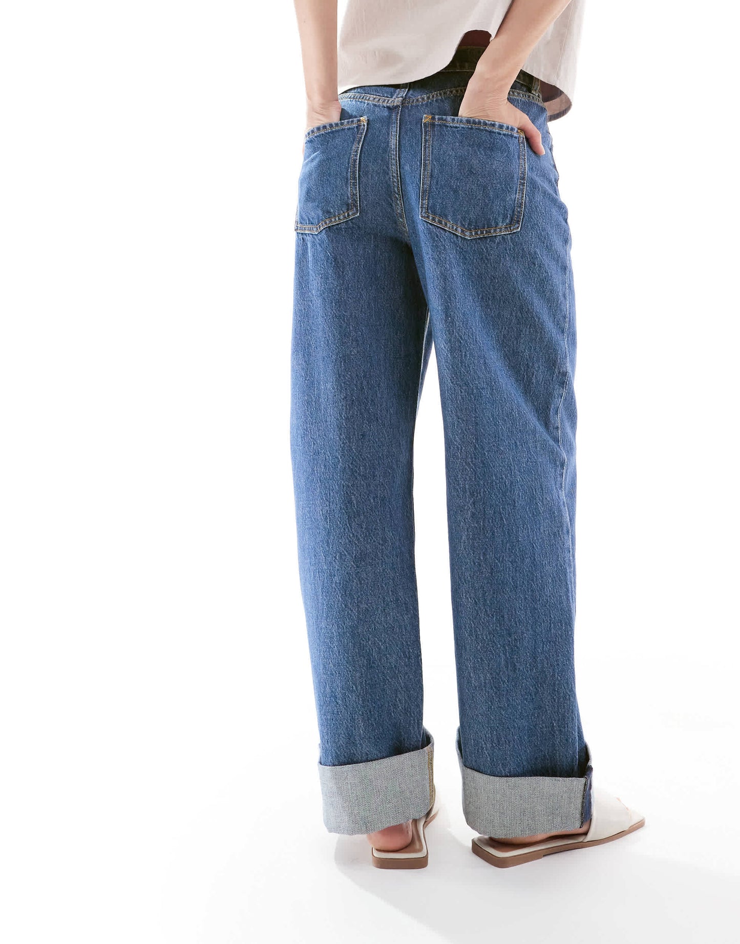 ASOS DESIGN loose jeans with deep turn up cuff in dark vintage blue