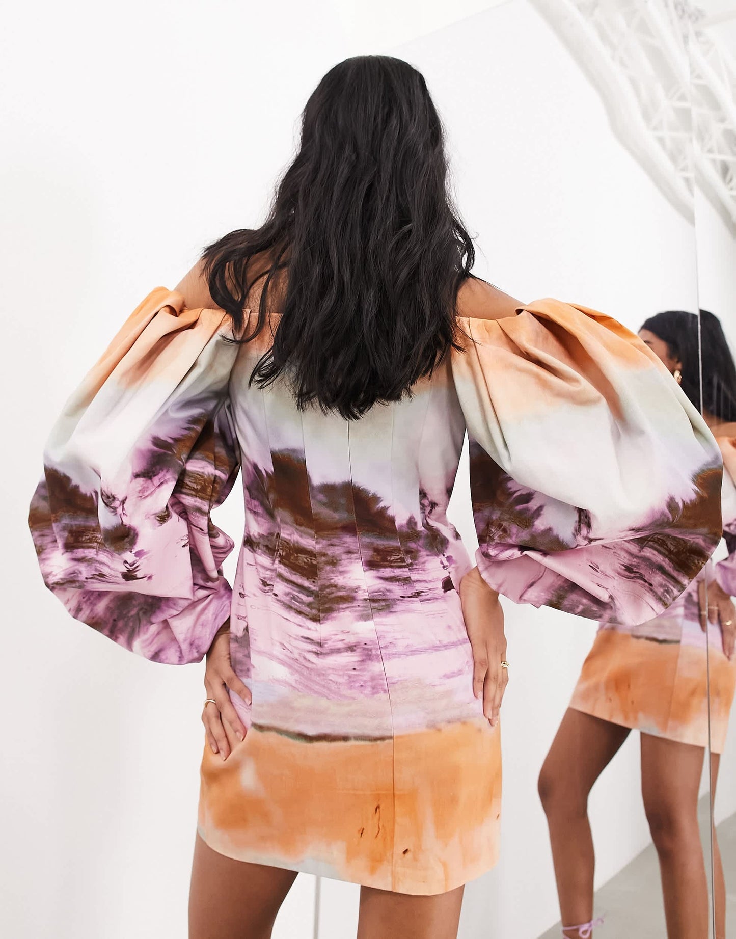 ASOS EDITION structured bardot mini dress in sunset print