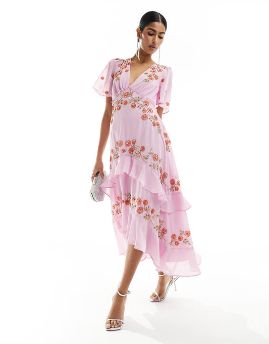 Maya plunge midi dress with floral embellished detail in purple