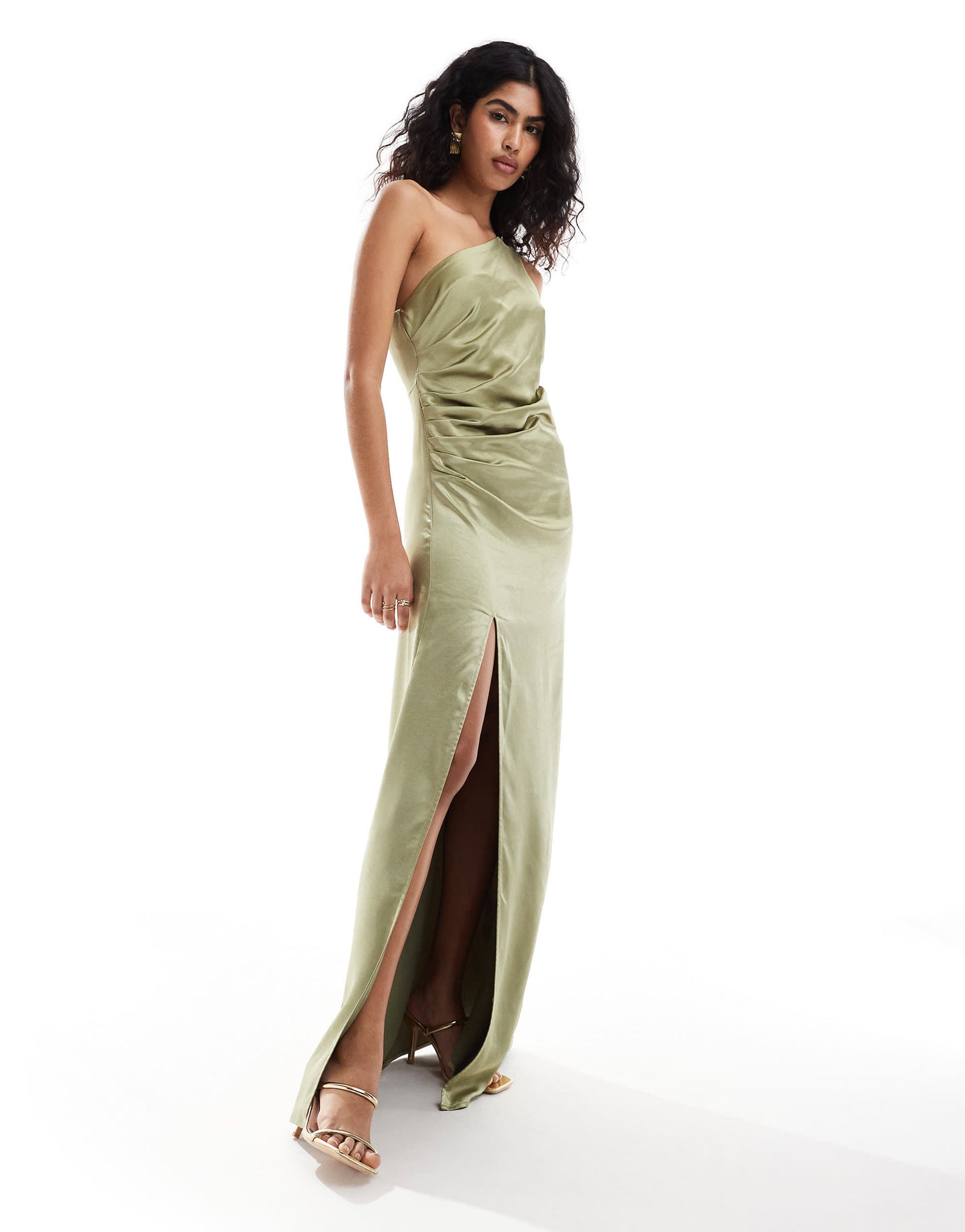 Pretty Lavish Bridesmaid Amelia ruched one shoulder satin maxi dress in olive