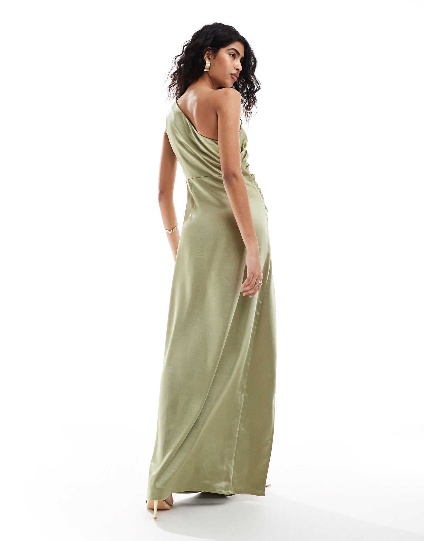 Pretty Lavish Bridesmaid Amelia ruched one shoulder satin maxi dress in olive