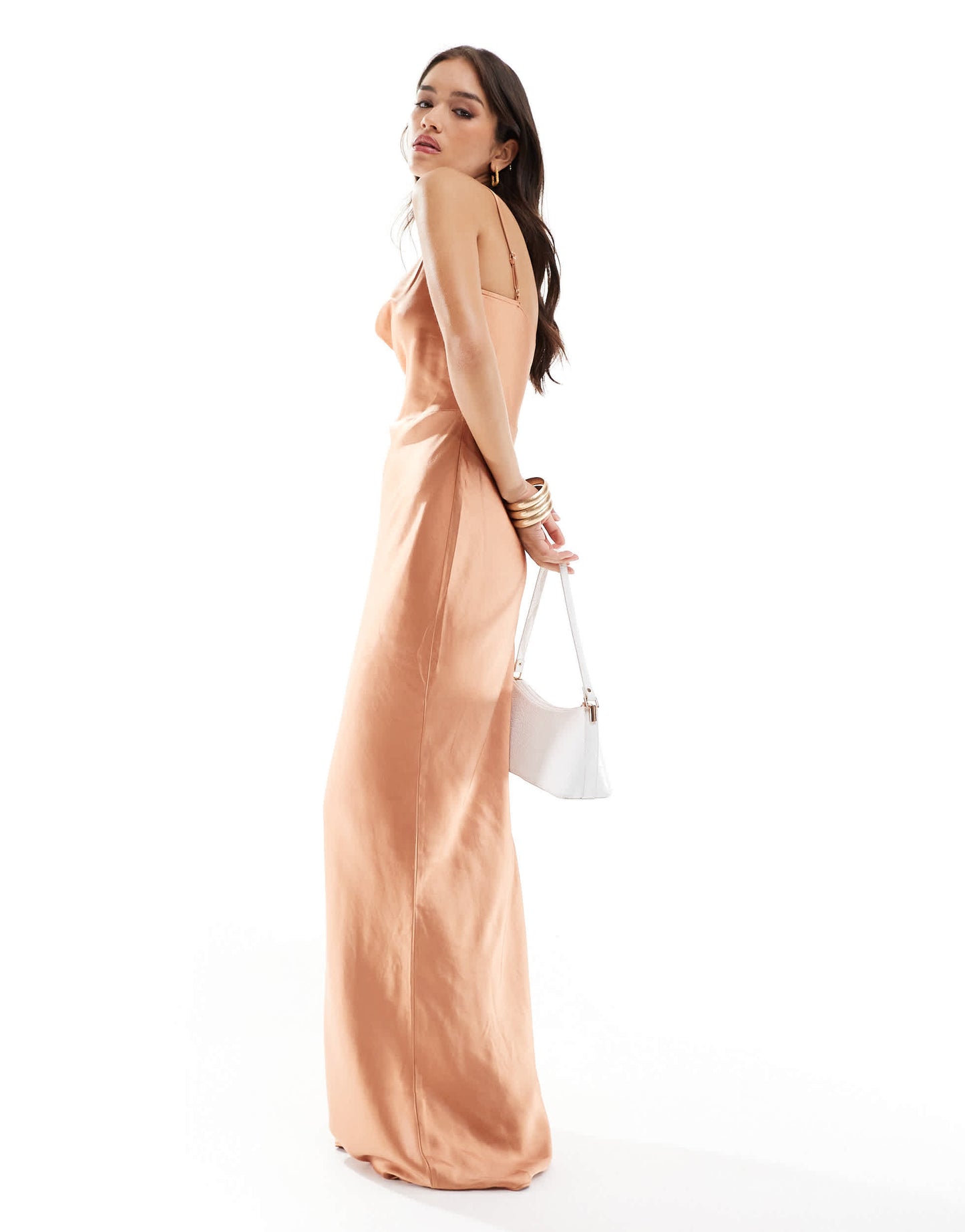 Pretty Lavish Bridesmaid Keisha cowl neck satin maxi dress in cinnamon
