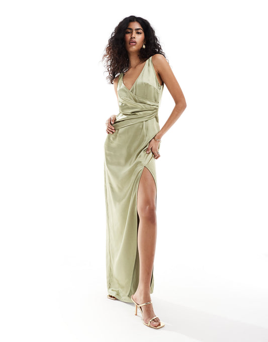 Pretty Lavish Bridesmaid satin wrap maxi dress in olive