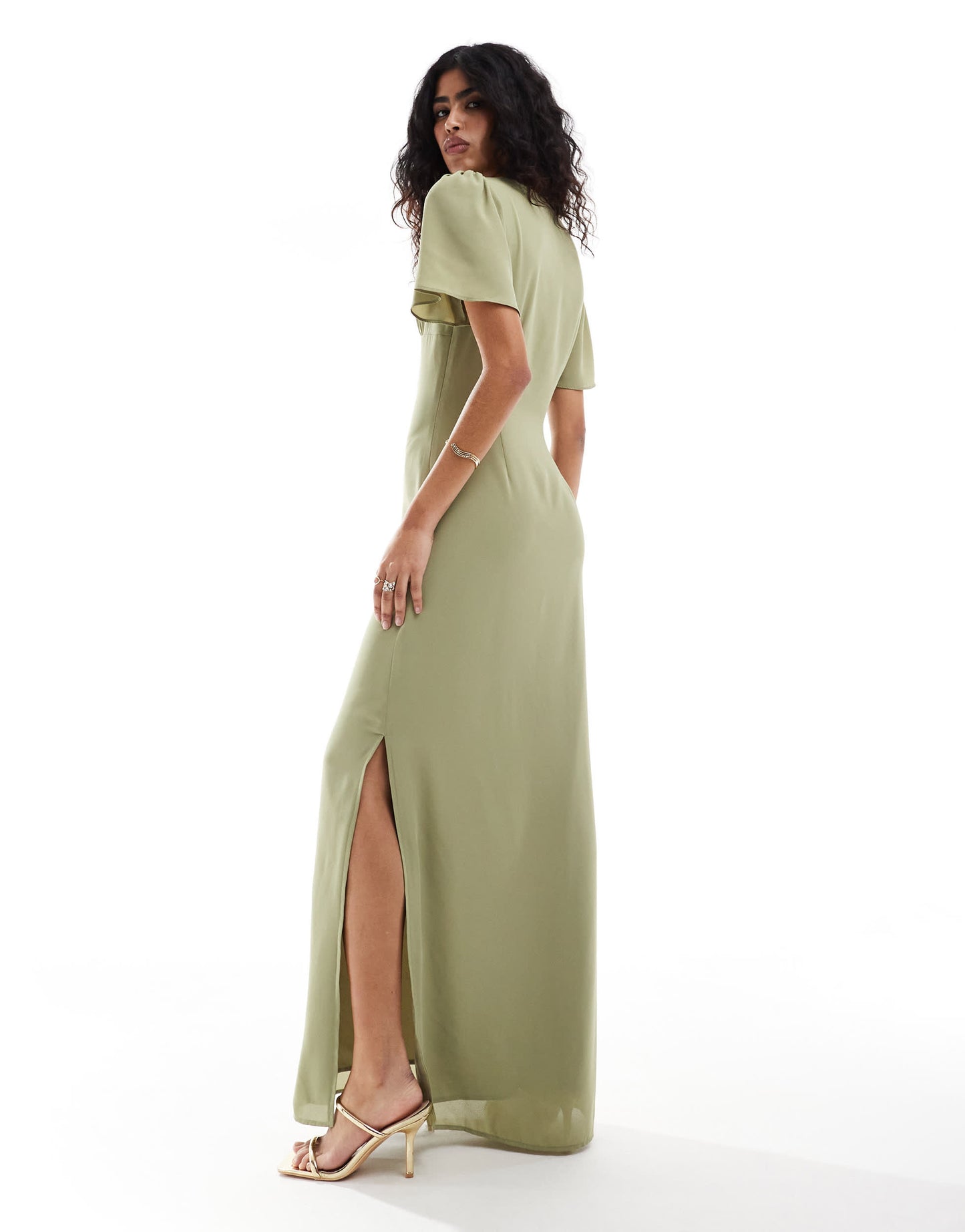 Pretty Lavish Bridesmaid flutter sleeve chiffon maxi dress in olive