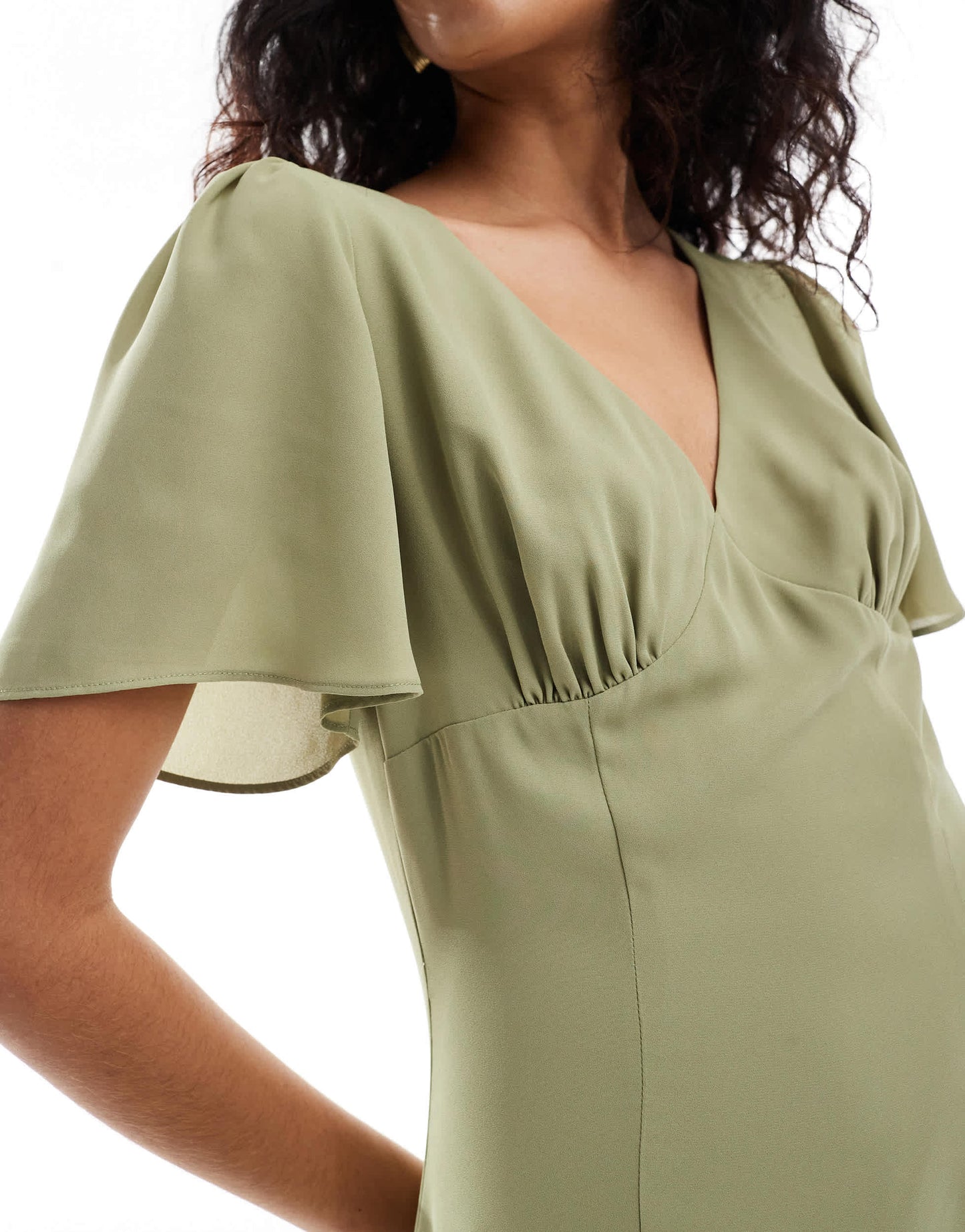 Pretty Lavish Bridesmaid flutter sleeve chiffon maxi dress in olive