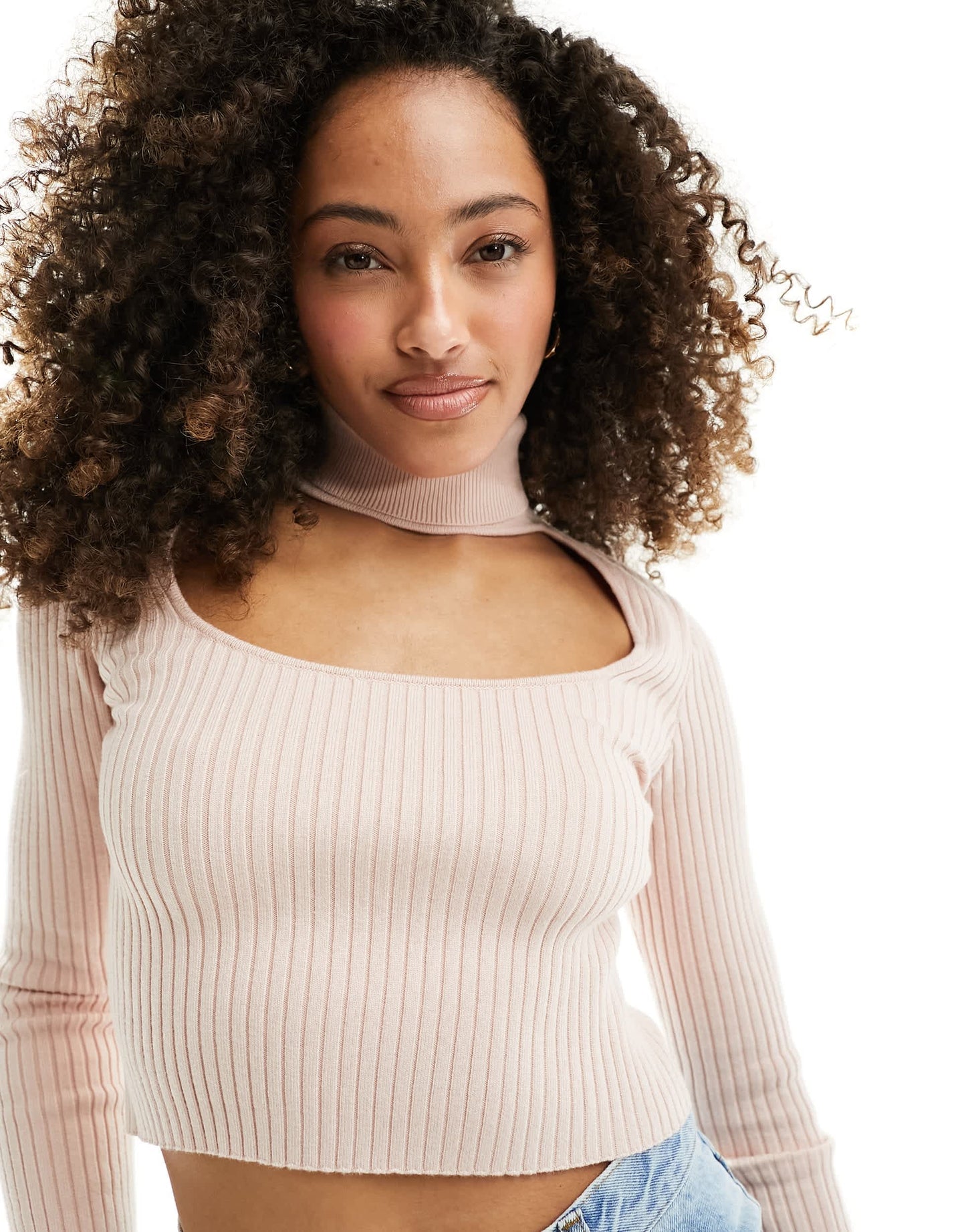 Bershka roll neck choker detail jumper in pale pink