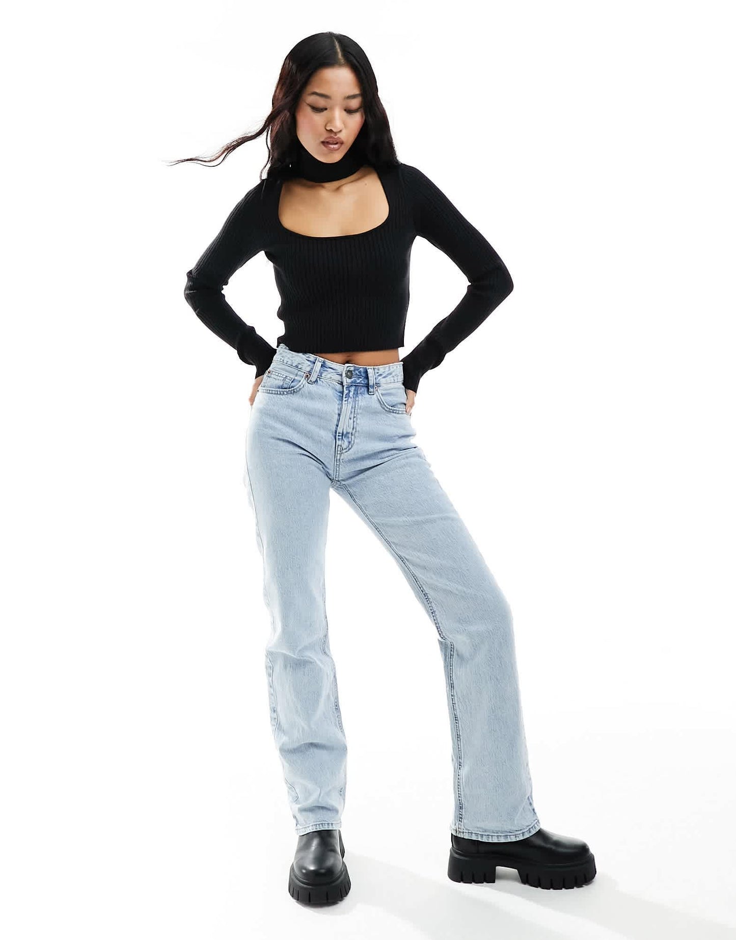 Bershka roll neck choker detail jumper in black