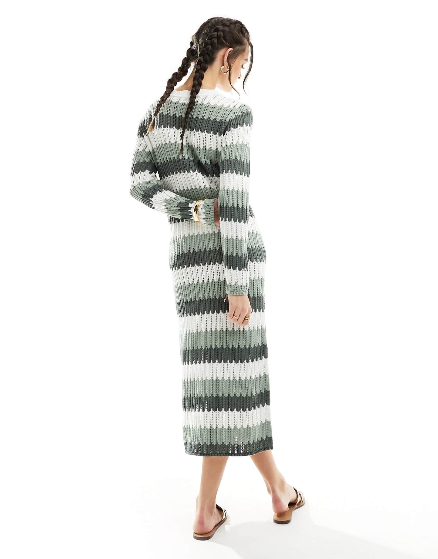 Object crochet knit maxi dress in sage green multi stripe