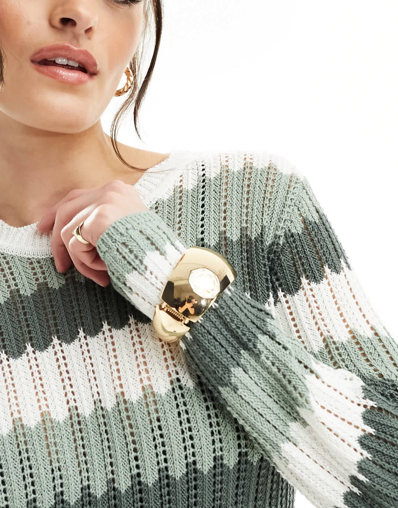 Object crochet knit maxi dress in sage green multi stripe