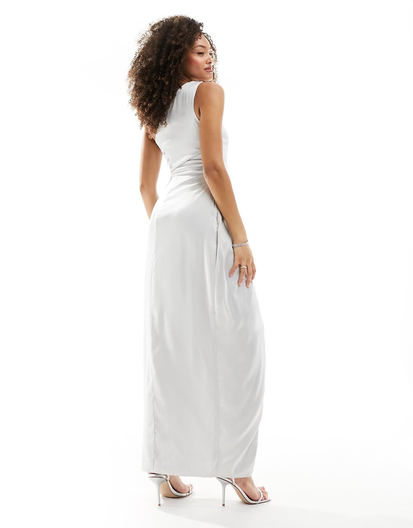 TFNC Bridesmaids one shoulder maxi dress with pleated detail in silver