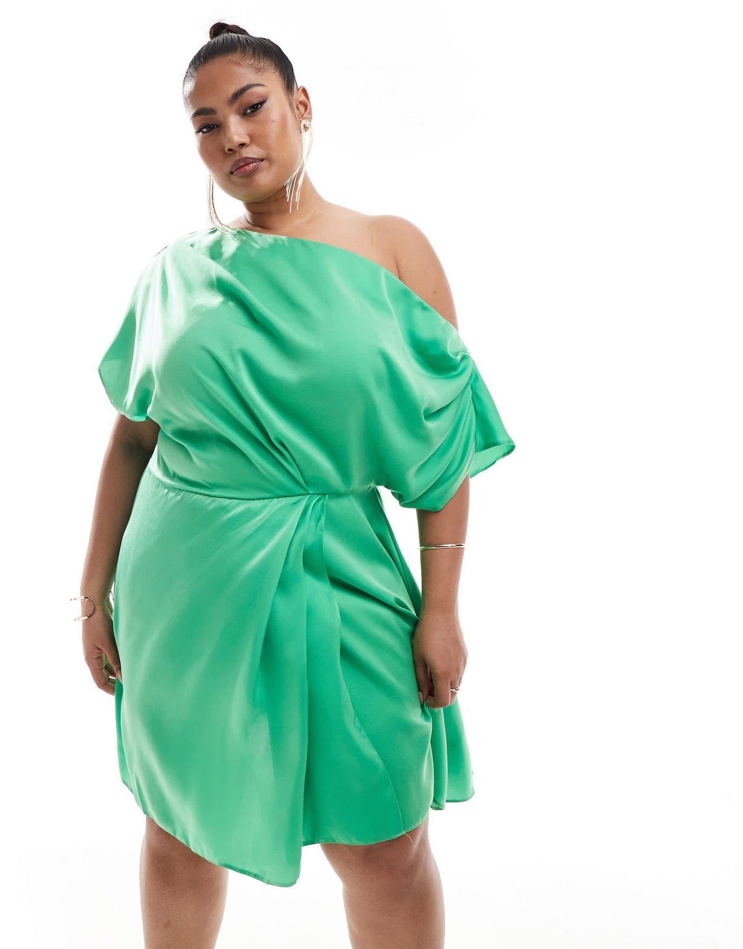 ASOS DESIGN Curve exclusive satin off shoulder mini dress in green