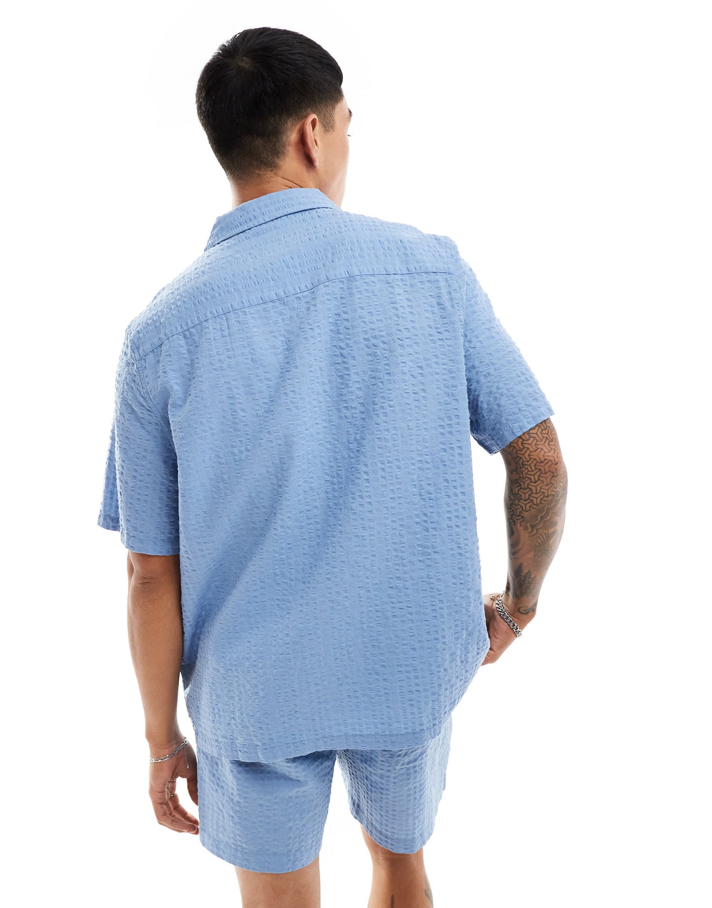 ASOS DESIGN co-ord 90s oversized short sleeve shirt in seersucker texture in dusty blue