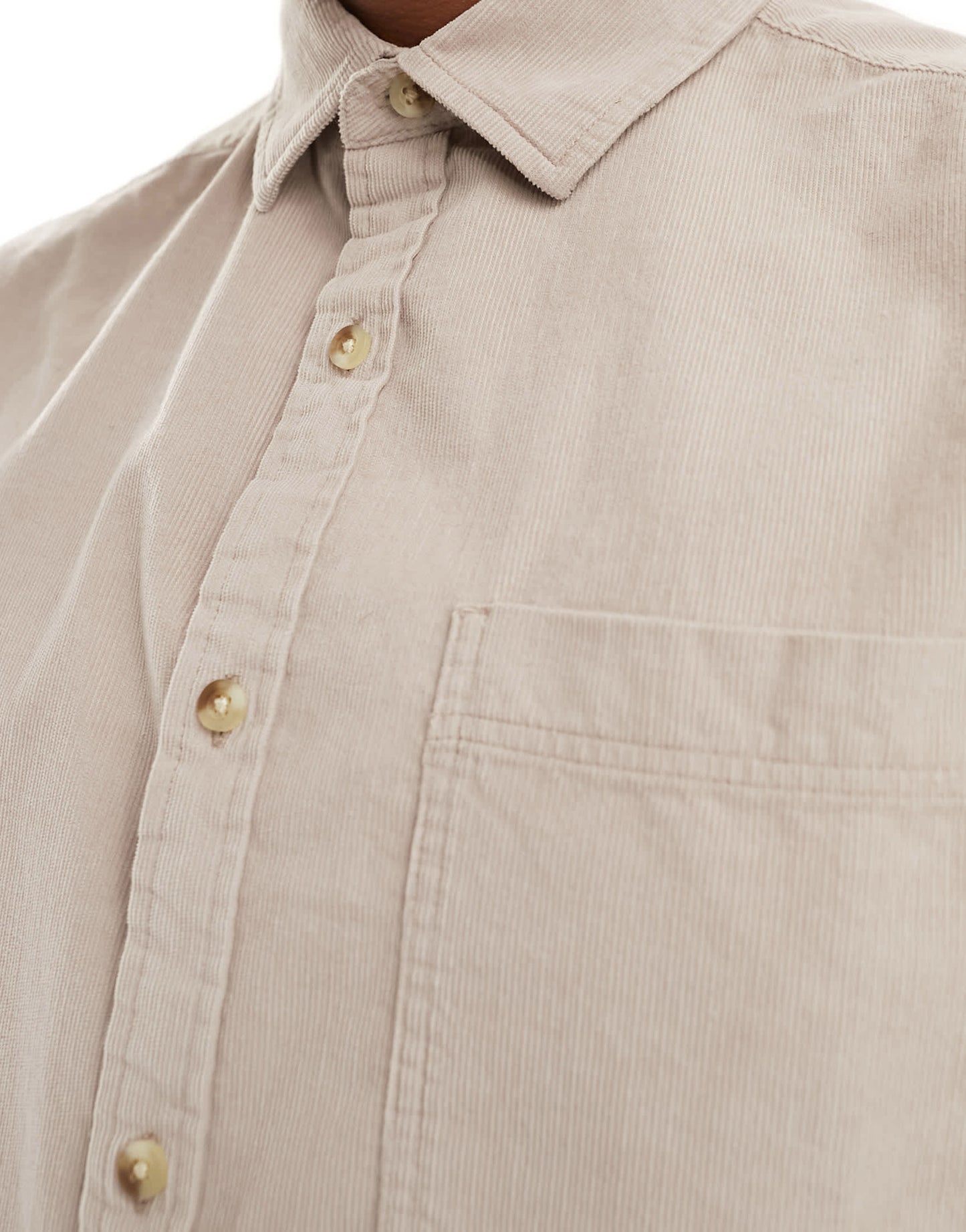 ASOS DESIGN short sleeve boxy oversized cropped shirt in cord in stone