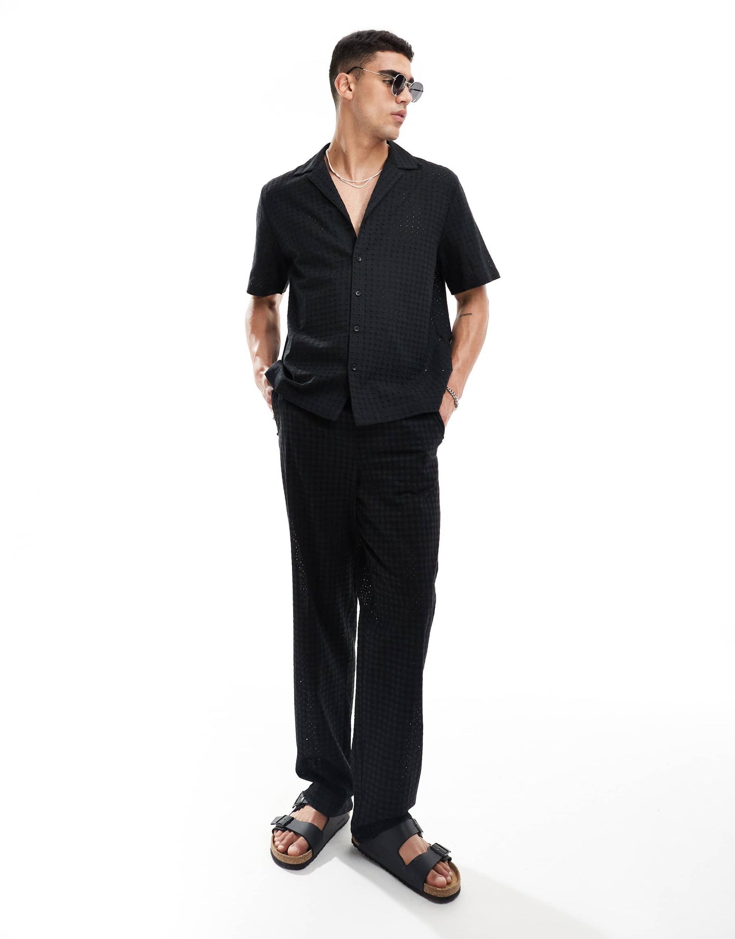 ASOS DESIGN co-ord relaxed revere collar broderie shirt in black