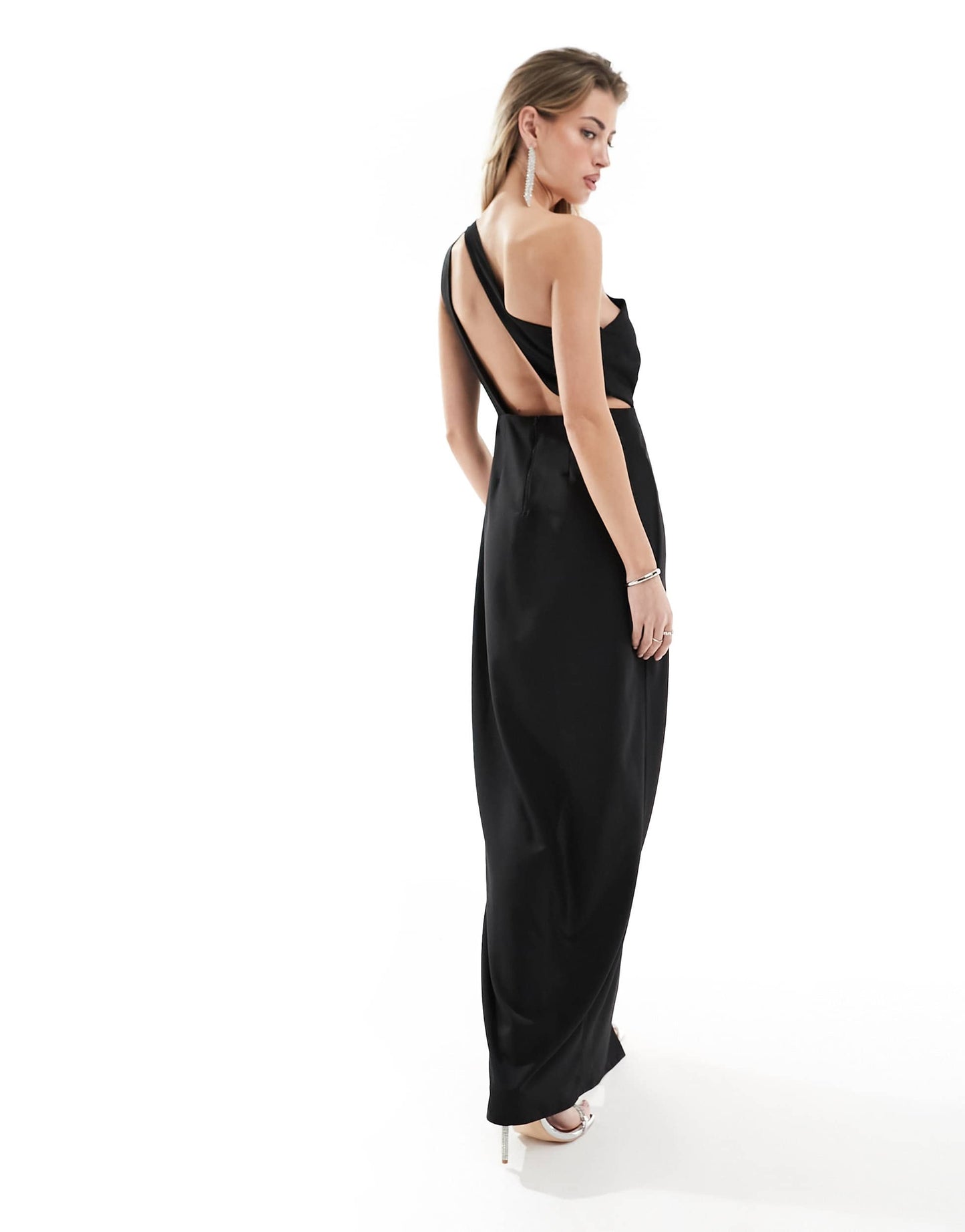 Vesper bengaline one shoulder cut out detail front spilt maxi dress in black
