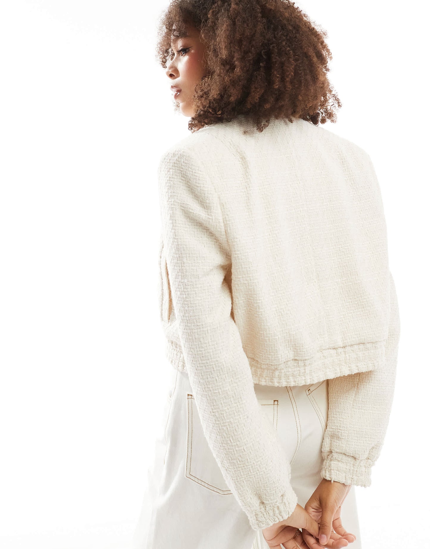 ASOS DESIGN boucle strong shoulder bomber jacket in ecru