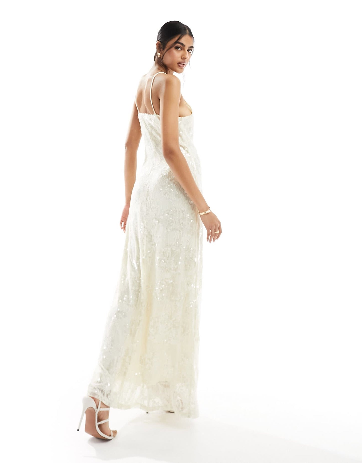 Vero Moda placement sequin maxi dress in off white