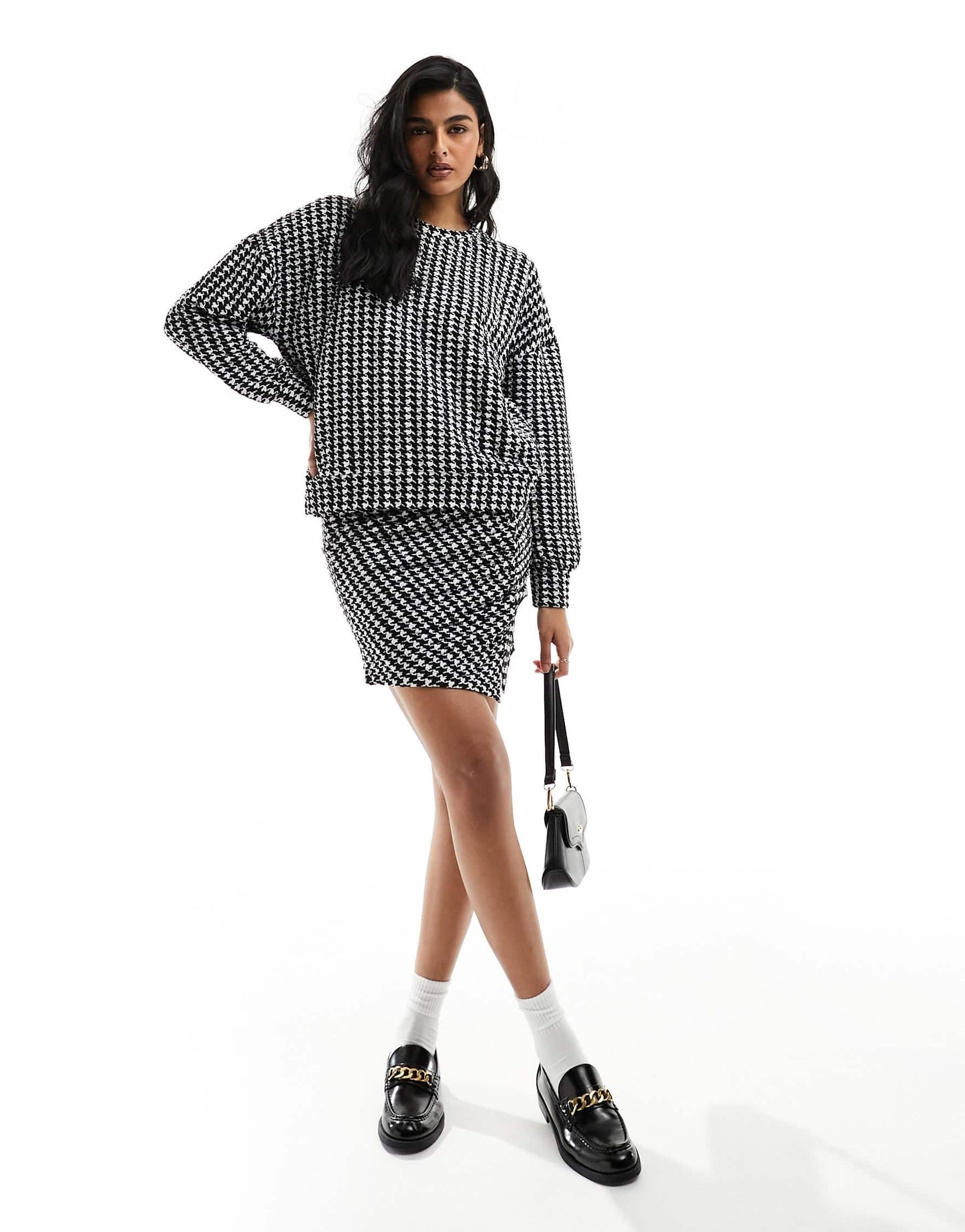 Vero Moda jersey oversized sweat top co-ord in mono houndstooth